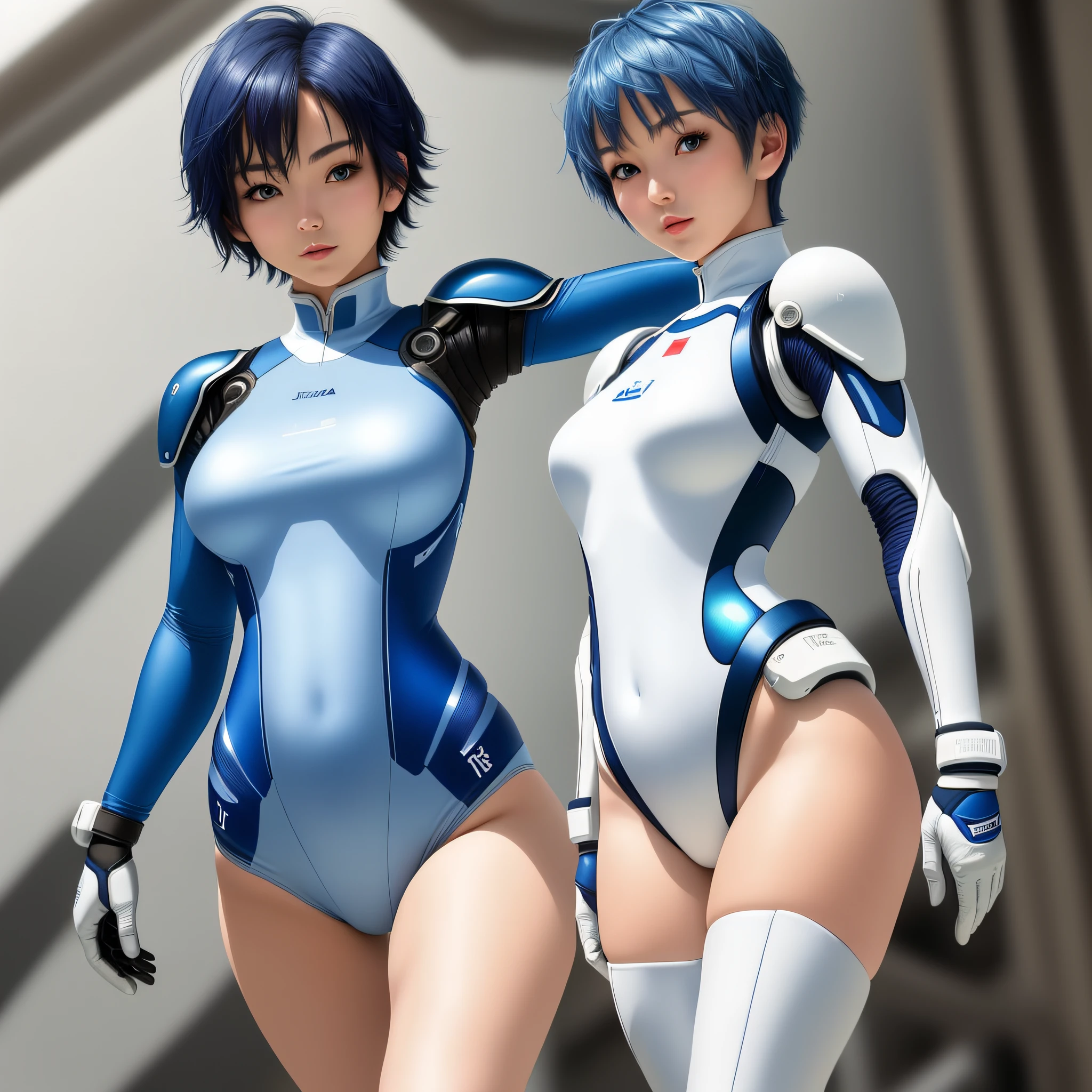 Masterpiece, highest quality, highest resolution, distinct_image): (Solo, Japan face, short blue haired girl, full body figure, small breasts, sparkling blue colored eyes, white and blue colored flight suit, tight fit clothes, full body covering clothes, beauty, vivacious, lovely, slim body, exoskeleton)