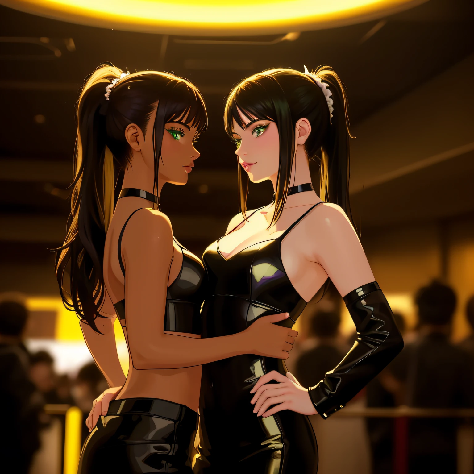 "(masterpiece, best quality, 8k, sharp focus, depth of field, best shadows, perfect lights, HDR, realistic skin texture, ultra-detailed background, detailed)", anime style, 2 women dancing (one of them has green eyes, white skin, black hair with ponytail, choker, small breasts, slim, makeup, eyeliner, shine), (the other woman has blonde hair, tanned body), at a night club, cyberpunk theme, cyyberpunk city.