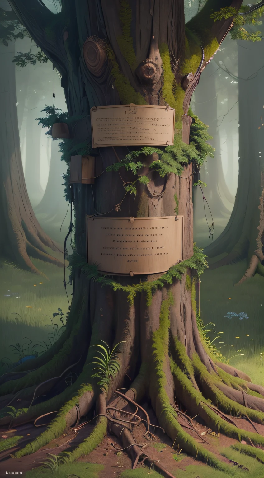 ((best quality), (masterpiece), (detailed), (Realism:1.2)), Detailed painting depicting a perplexing scene in the woods. The focal point of the composition is a wooden post and a tree, both inscribed with mysterious words: "CROATOAN" and "CRO." The intricate brushwork and attention to detail showcase the artistic style of John White. The lighting casts natural shadows, adding depth and realism to the scene. The viewer is drawn into the enigmatic atmosphere, left pondering the meaning behind the cryptic carvings. The camera angle captures the scene from a slightly low perspective, emphasizing the presence and significance of the post and the tree.