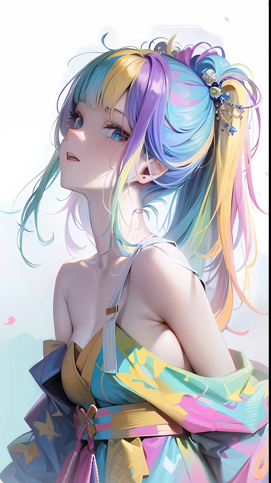 Colorful hair and colorful dress in anime ((cat-eared girl)), kimono pastel vivid, rossdraws cartoon vivid, anime style 4k, beautiful anime portrait, artgerm colorful!!!、! dream art germ, beautiful anime,cat ear girl, anime style digital art, anime art wallpaper 4k, anime art wallpaper 4k, digital anime art, highly detailed art germ