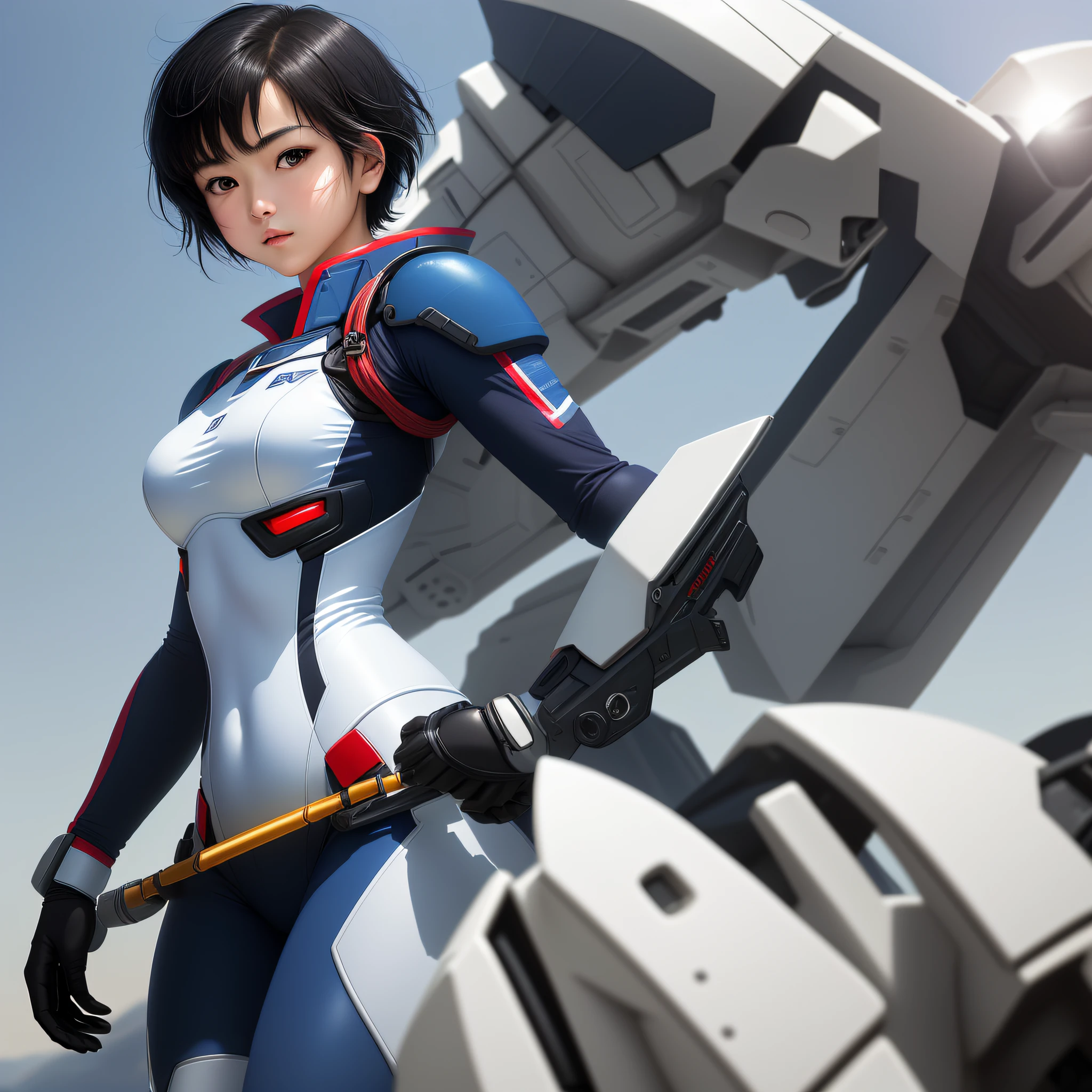 Masterpiece, highest quality, highest resolution, distinct_image): (Solo, Japan face, girl with short black hair, full body figure, small breasts, sparkling black eyes, clothes covering the whole body, tight fit clothes, flight suit of white and blue colors, beauty, vivacious, lovely, slim body, official art, beautiful aesthetic, vivacious, simple background, gentle expression, dynamic pose, gundam, Natural skin texture, surreal, sharp, one girl)
