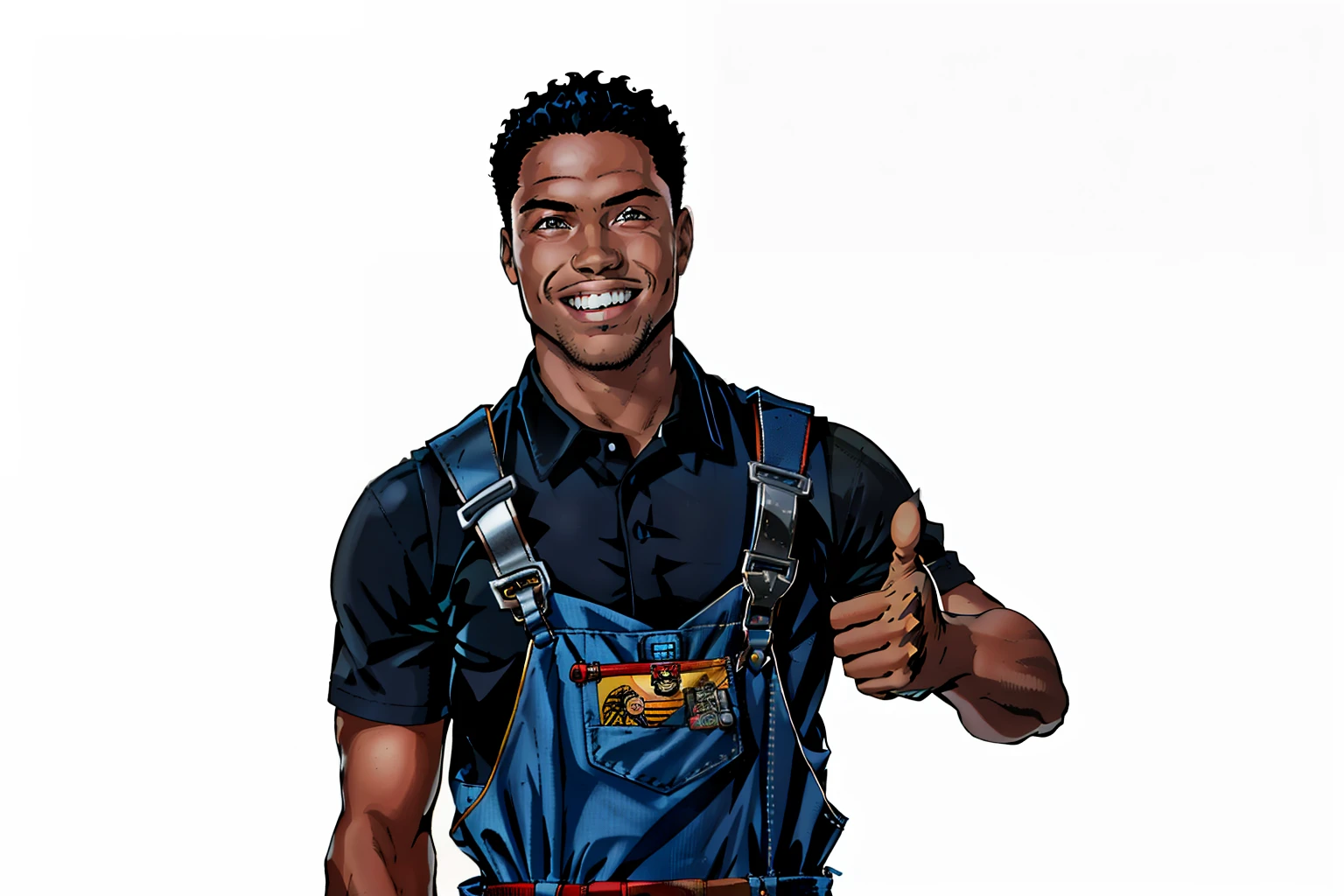 arafed man in overalls giving a thumbs up, wearing a Mechanic uniform, holding a wrench with thumbs up, on white background, album art, official product photo, model is wearing technical vest, amazing professional picture, high-quality portrait, as well as the handy boy, screensaver, advertising photo, on a dark background, high-quality product image”, excited big smile, fine professional photo