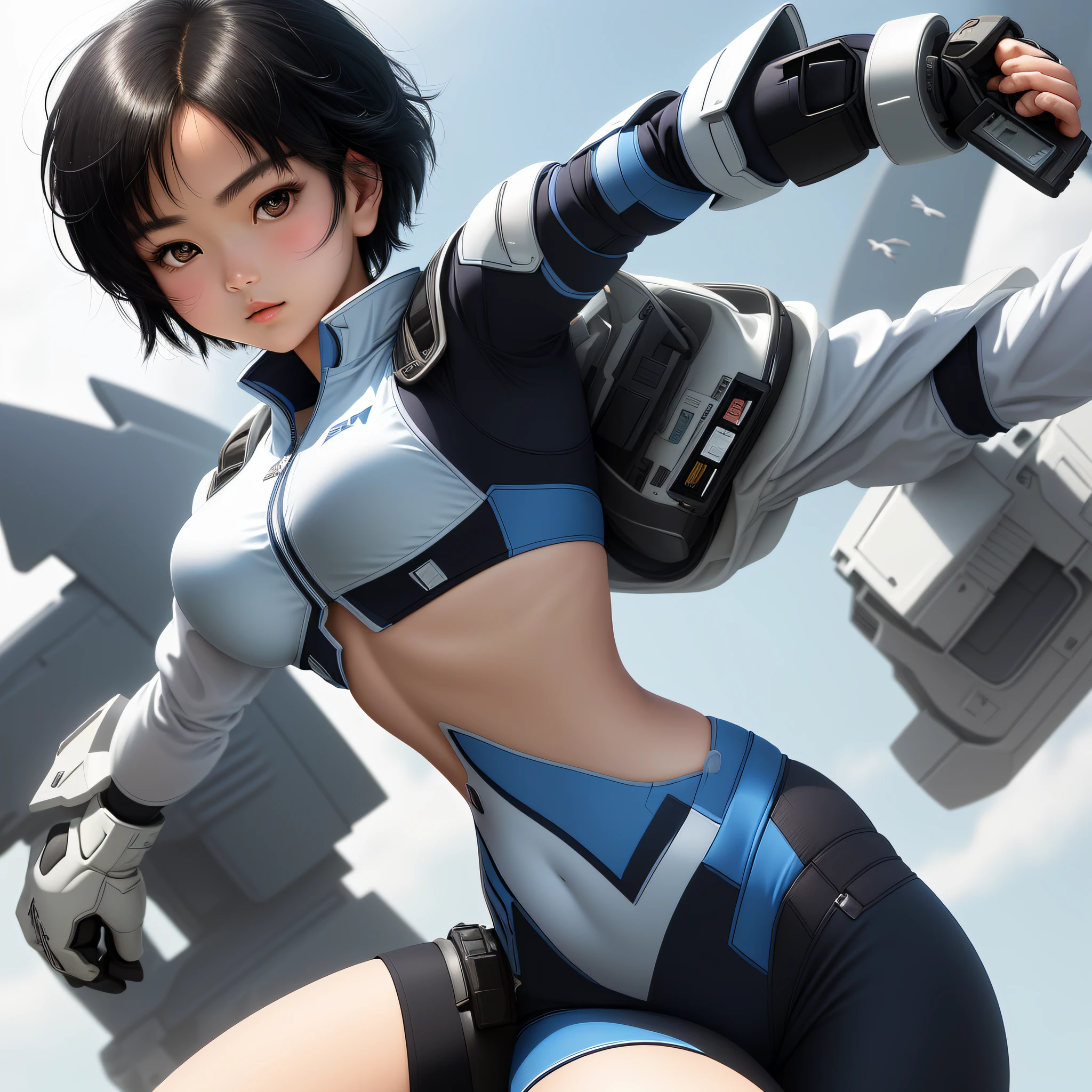 Masterpiece, highest quality, highest resolution, distinct_image): (Solo, Japan face, girl with short black hair, full body figure, small breasts, sparkling black eyes, clothes covering the whole body, tight fit clothes, flight suit of white and blue colors, beauty, vivacious, lovely, slim body, official art, beautiful aesthetic, vivacious, simple background, gentle expression, dynamic pose, gundam, Natural skin texture, surreal, sharp, one girl)