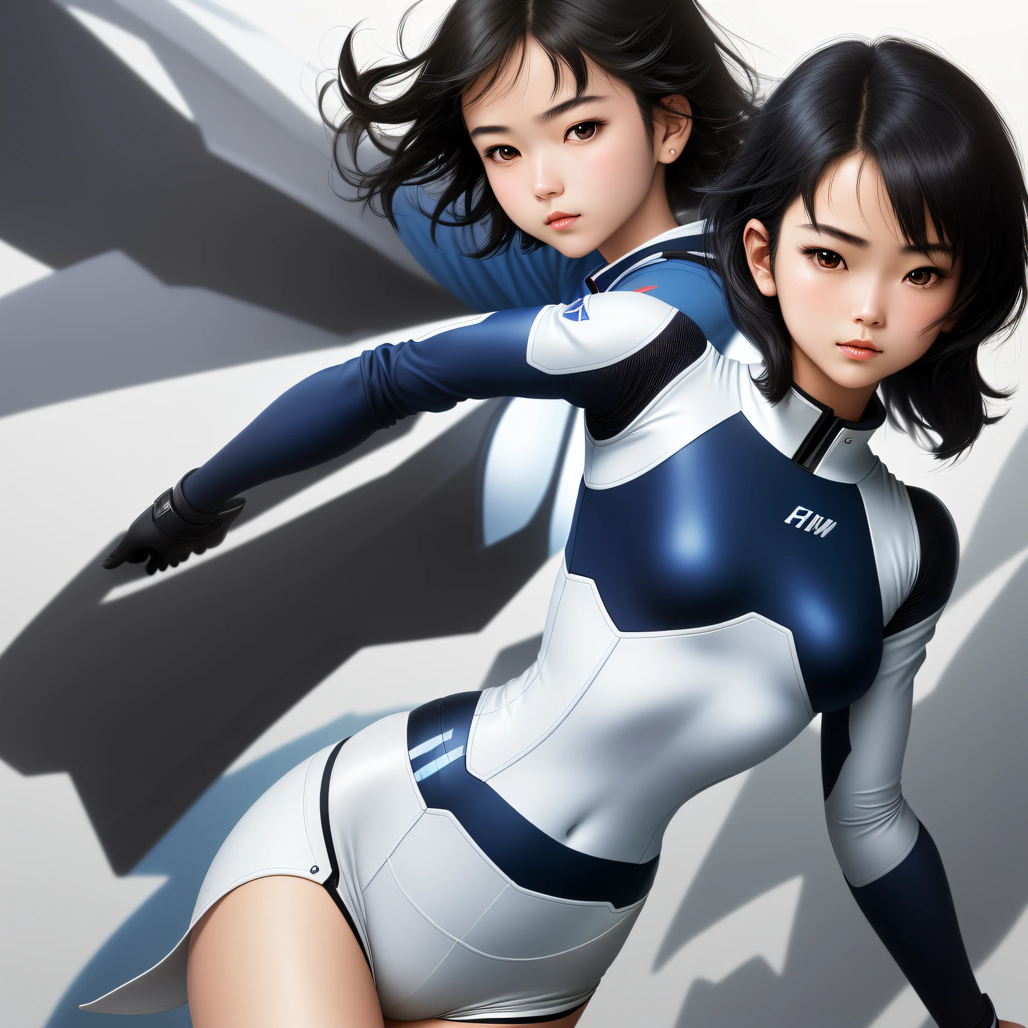 Masterpiece, highest quality, highest resolution, distinct_image): (Solo, Japan face, girl with short black hair, full body figure, small breasts, sparkling black eyes, clothes covering the whole body, tight fit clothes, flight suit of white and blue colors, beauty, vivacious, lovely, slim body, official art, beautiful aesthetic, vivacious, simple background, gentle expression, dynamic pose, gundam, Natural skin texture, surreal, sharp, one girl)