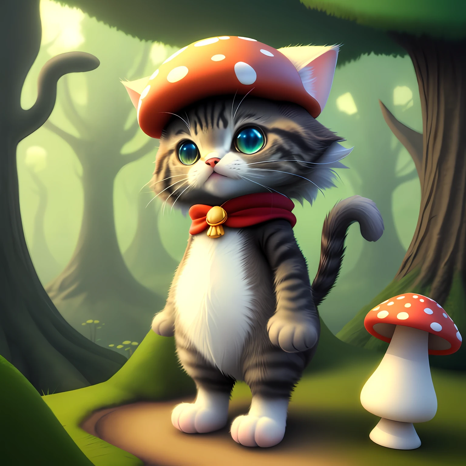 cute, fantasy, 3d animation, cat head and mushrooms fused, walking in the forest, talking to a rabbit