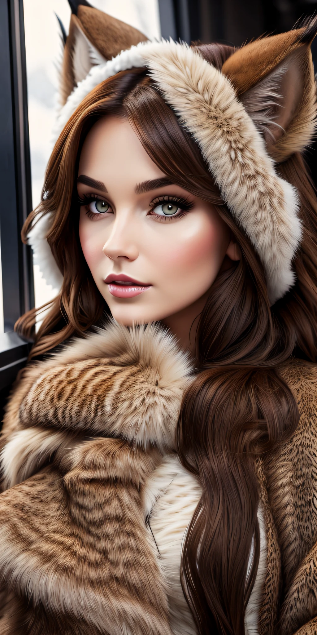 Luxurious girl with long brown hair in a fur coat. snow white. gloomy girl. Lynx, fur, fashion and beauty. Dark Tailwind.. Northern Fur Salon