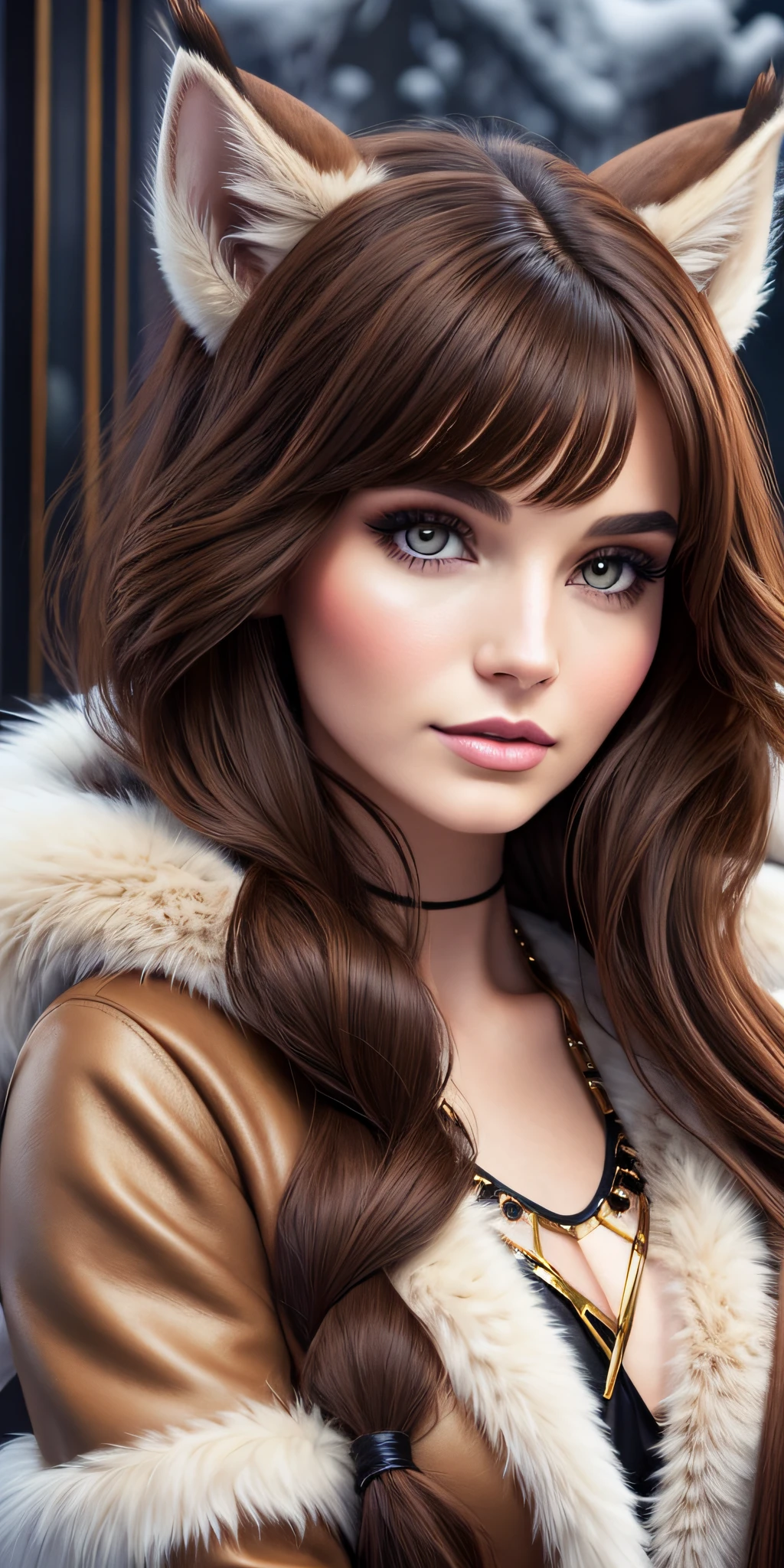 Luxurious girl with long brown hair in a fur coat. snow white. gloomy girl. Lynx, fur, fashion and beauty. Dark Tailwind.. Northern Fur Salon