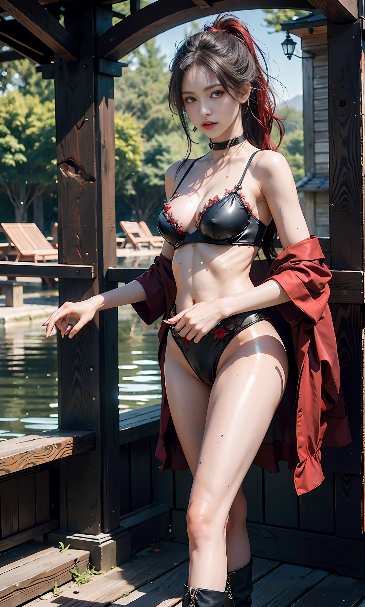 ulzzang-6500-v1.1, (raw photo:1.2), (photorealistic:1.4), best quality, {{masterpiece}}, {highres}, Perfect waist cut, Large breasts, Warrior girl with a small short sword on hand, Skimpy organza transparent clothes, organza elements on clothes, net clothes, leather glossy elements on clothes, dark blue hair with red highlights, (perfect nose), Seductive gaze, dark blue knee high boots on high heels with red highlights, (Best Illustration), 8k Resolution, Intricate Details, Best Quality, Realistic, Ultra Detailed, Best Lighting, Best Shadows, Ultra HD, A Necromancer style, Night, Magic, Dark Style, Vampire, (shining red eyes:1.6), masterpiece, high_res, Beautiful face, tyndall effect, (photo realistic: 1.4), (high detailed skin:1.4), 8k uhd, dslr, high quality, Photograph, high resolution, 4k, 8k, Bokeh, absurdres, ponytail contorted, best ratio four finger and one thumb, front view, dark blue hair gorgeous, perfect proportional skinny fitness body, full body view, shiny skin, wet skin, wet clothes, dark cathedral baground scenery, huge bobs, belly muscle, long fit perfect legs, fishnet dark red Stockings, realistic reflection in the water ((no panties)), ((dynamic pose))), (camel toe)