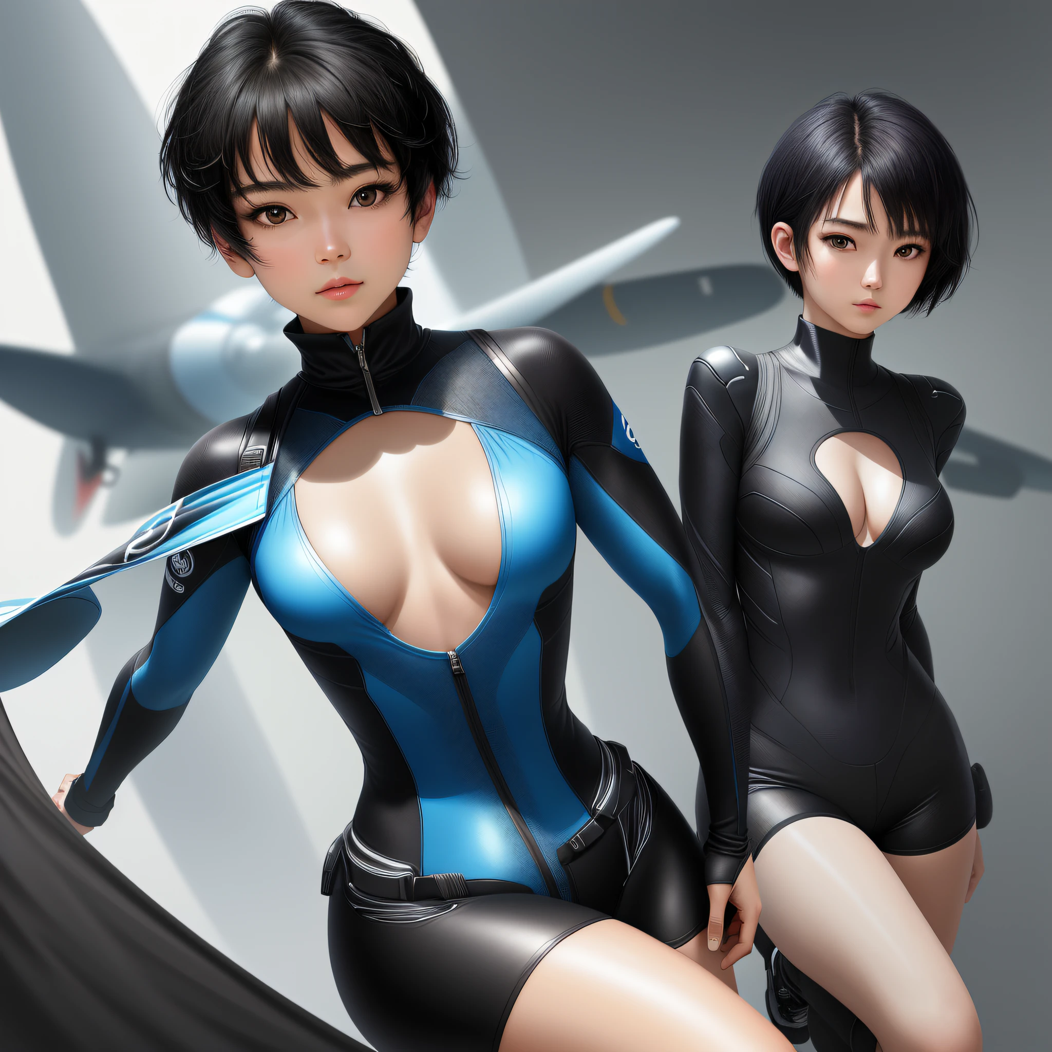 Masterpiece, highest quality, highest resolution, distinct_image): (Solo, face is Japan person, girl with short black hair, full body figure, small breasts, sparkling black color eyes, clothes covering the whole body, tight fit clothes, flight suit in white and blue color, beauty, vivacious, lovely, slim body, official art, beautiful aesthetic, vivacious, simple background, gentle expression, dynamic pose)