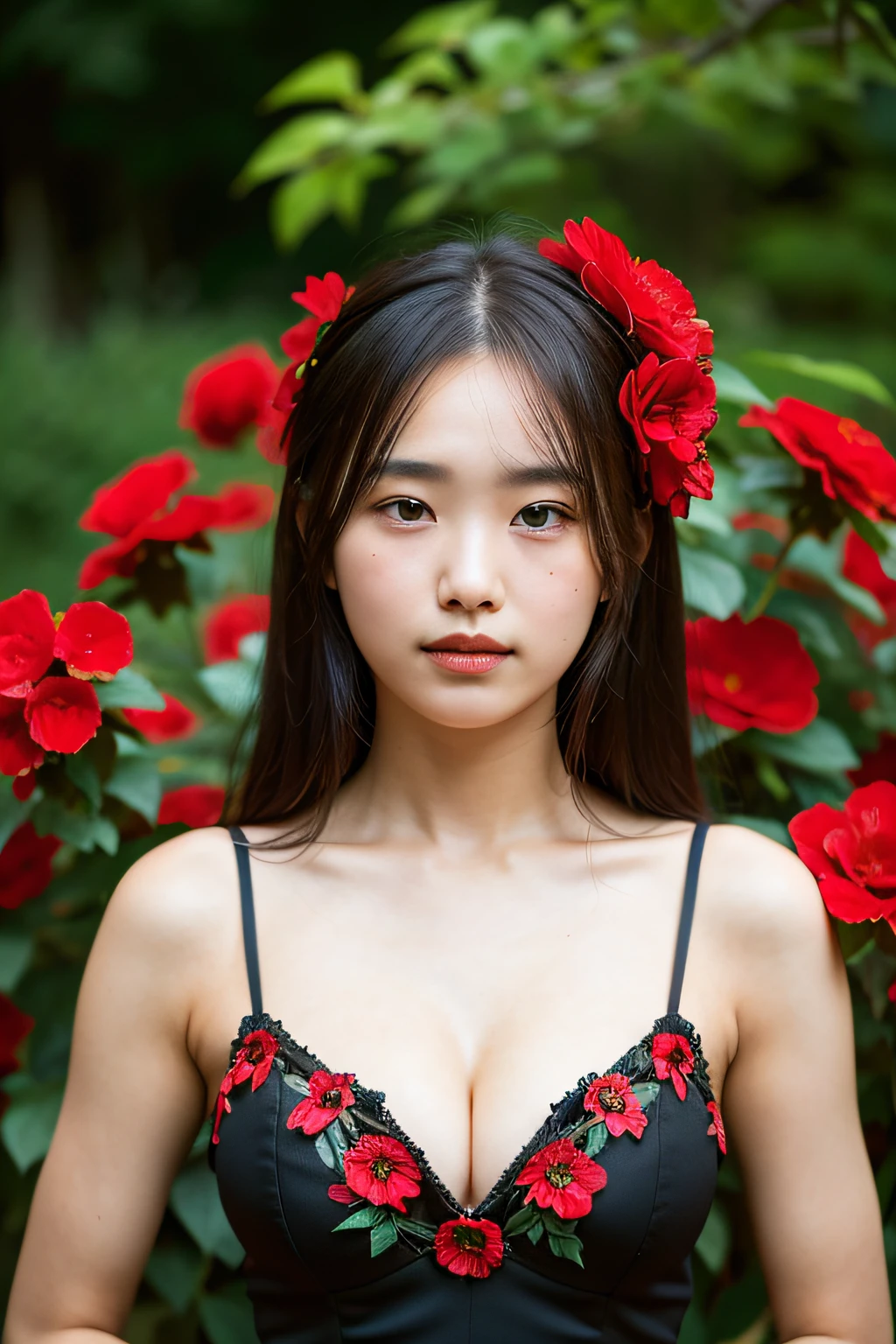 dark theme , (best quality, masterpiece:1.2), 18yo girl in garden, smirk face, black cleavage dress, black flowers, (red flowers mess in background:1.3), wide view, view from top