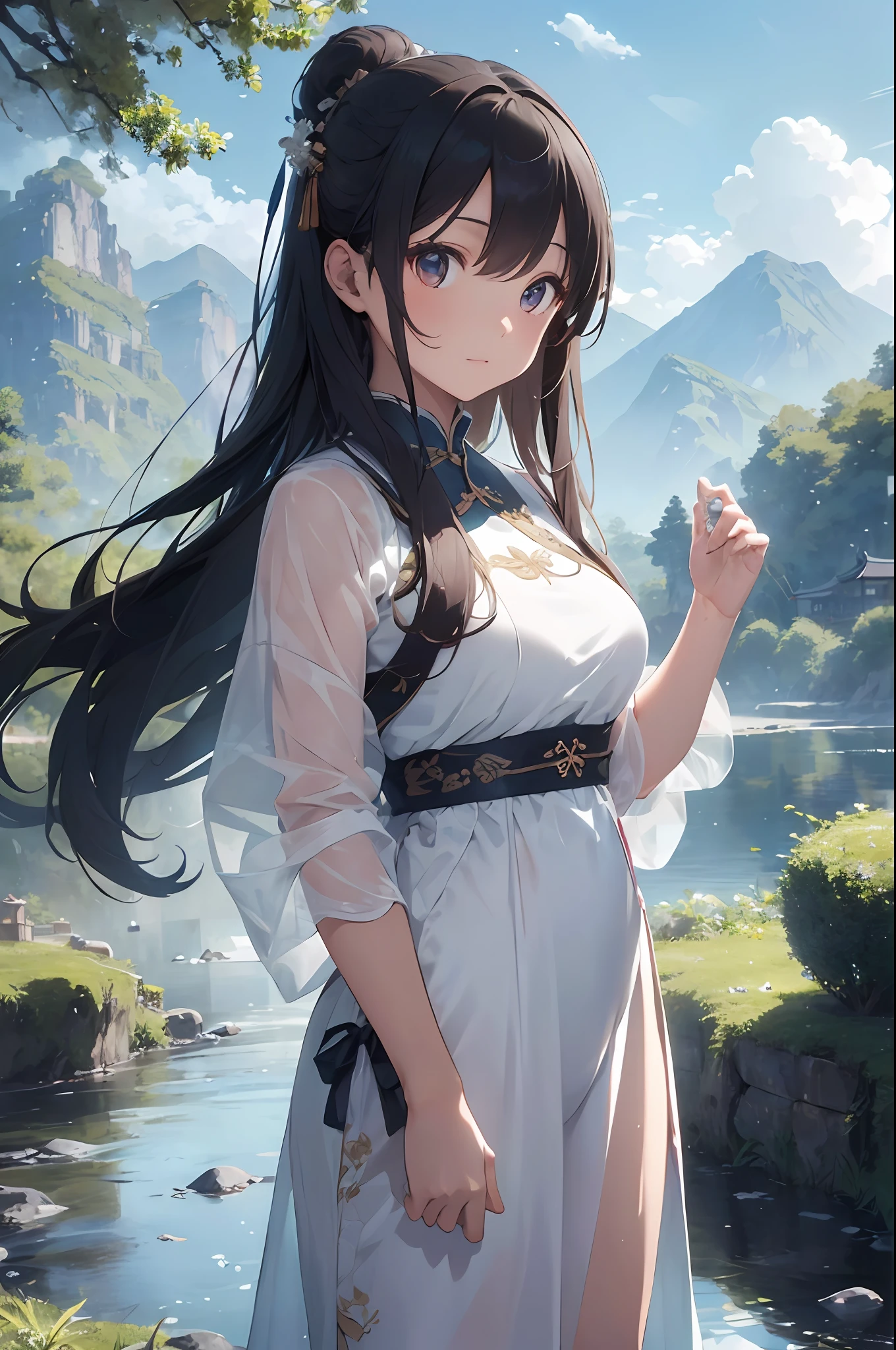 full body, hair ornaments, serene expression, exquisite facial features, perfect anatomy, Chinese buildings, mountains, white clouds, Nature, trees, clear blue transparent sky, outdoor, leaves, river, (forest), ((chinese style)), (best_quality:1.3), (((extremely clear))), (ultra_detailed:1.3), (detailed light), (masterpiece), (bloom), 8k