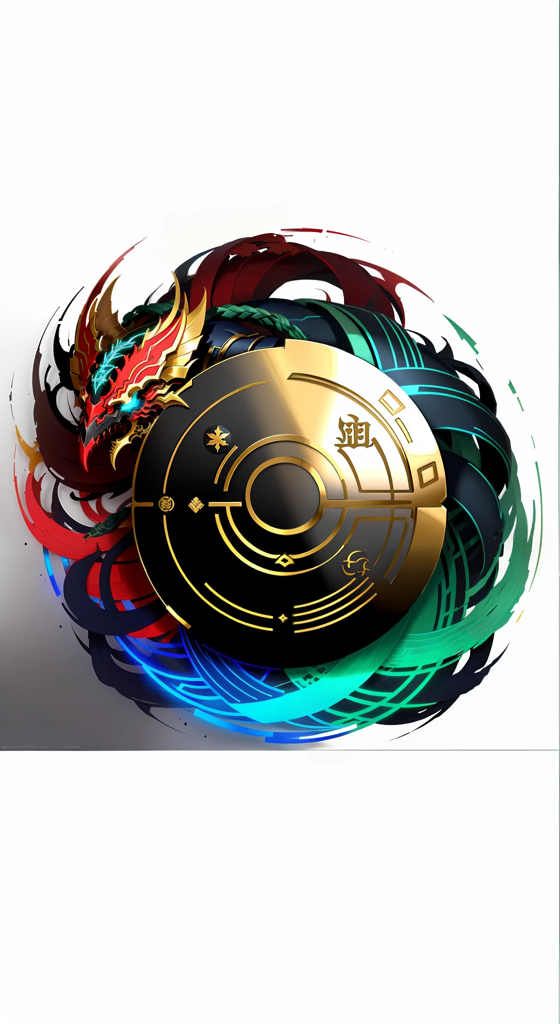 Ouroboros, central circular composition, color drawing, onmyoji, shock, game style, gold, red, green, blue