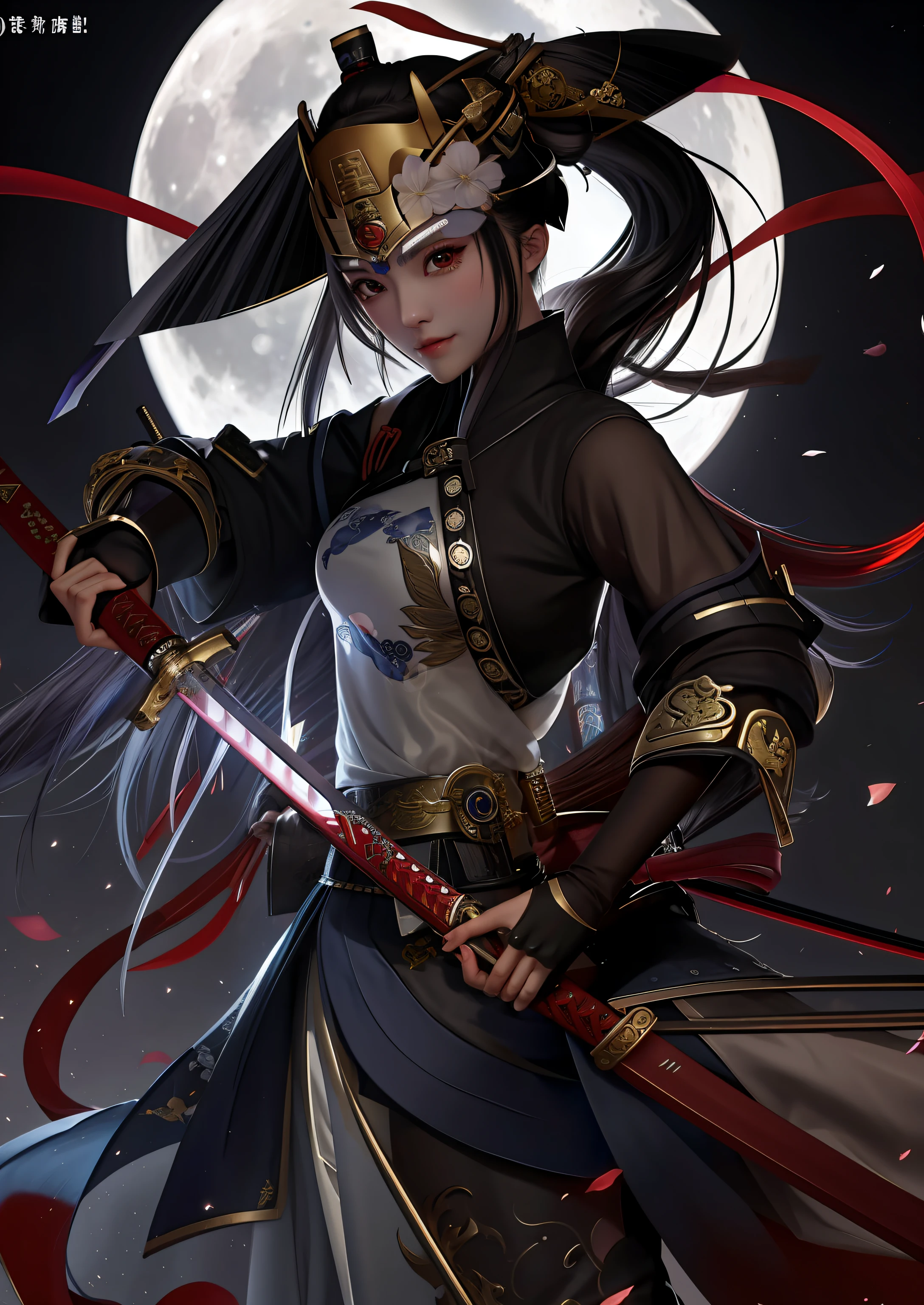 a close up of a person holding a sword in front of a full moon, very beautiful cyberpunk samurai, she is holding a katana sword, inspired by Kanō Hōgai, female samurai, katana, with large sword, demon samurai, from arknights, demon samurai warrior, she is holding a sword, kunoichi, dramatic wielding katana pose, (super huge breast: 1.4)