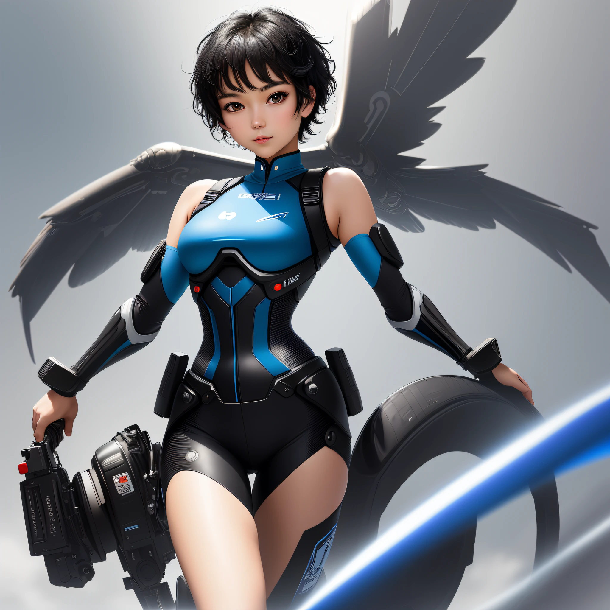 Masterpiece, highest quality, highest resolution, distinct_image): (Solo, Japan face, girl with short black hair, full body figure, small breasts, sparkling black color eyes, flight suit of white and blue color, tight fit clothes, clothes that cover the whole body, beauty, vivacious, lovely, slim body, exoskeleton, official art, beautiful aesthetic, vivacious, simple background, gentle expression, dynamic pose)