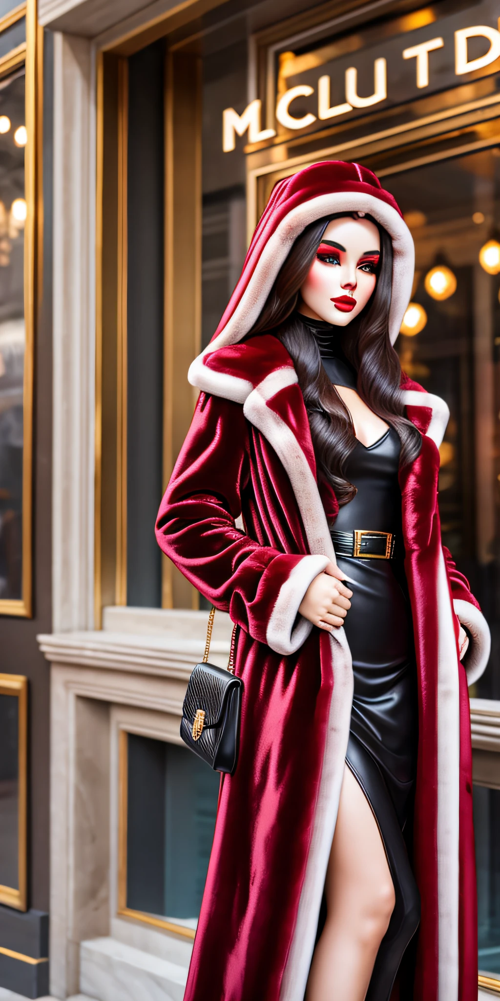 Veiled mannequin girl with red lips posing in a mink fur coat