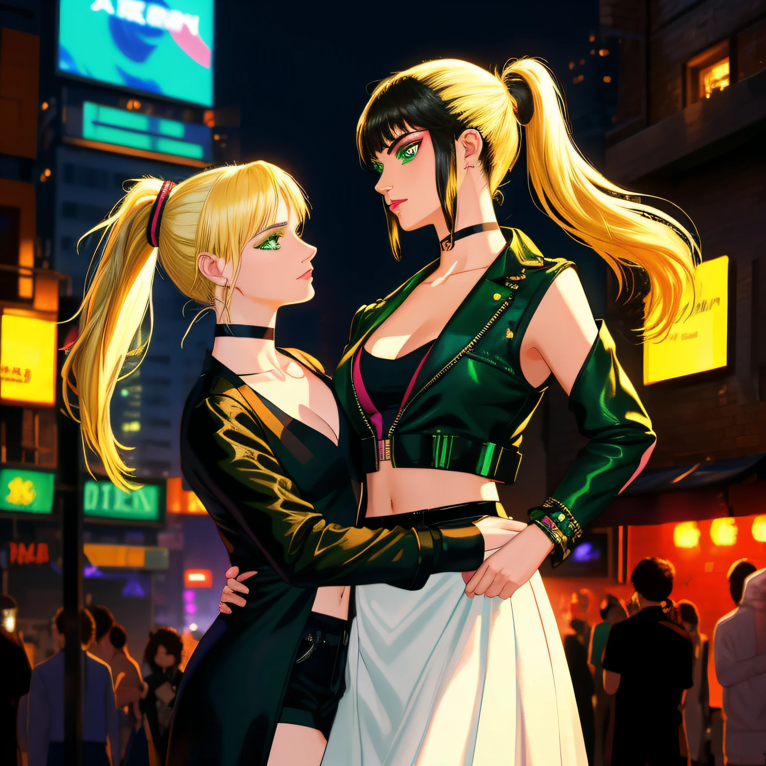 "(masterpiece, best quality, 8k, sharp focus, depth of field, best shadows, perfect lights, HDR, realistic skin texture, ultra-detailed background, detailed)", anime style, 2 women dancing (one of them has green eyes, white skin, black hair with ponytail, choker, small breasts, slim, makeup, eyeliner, glow), (the other woman has blonde hair), at a night club, cyberpunk theme,  Cyberpunk City.