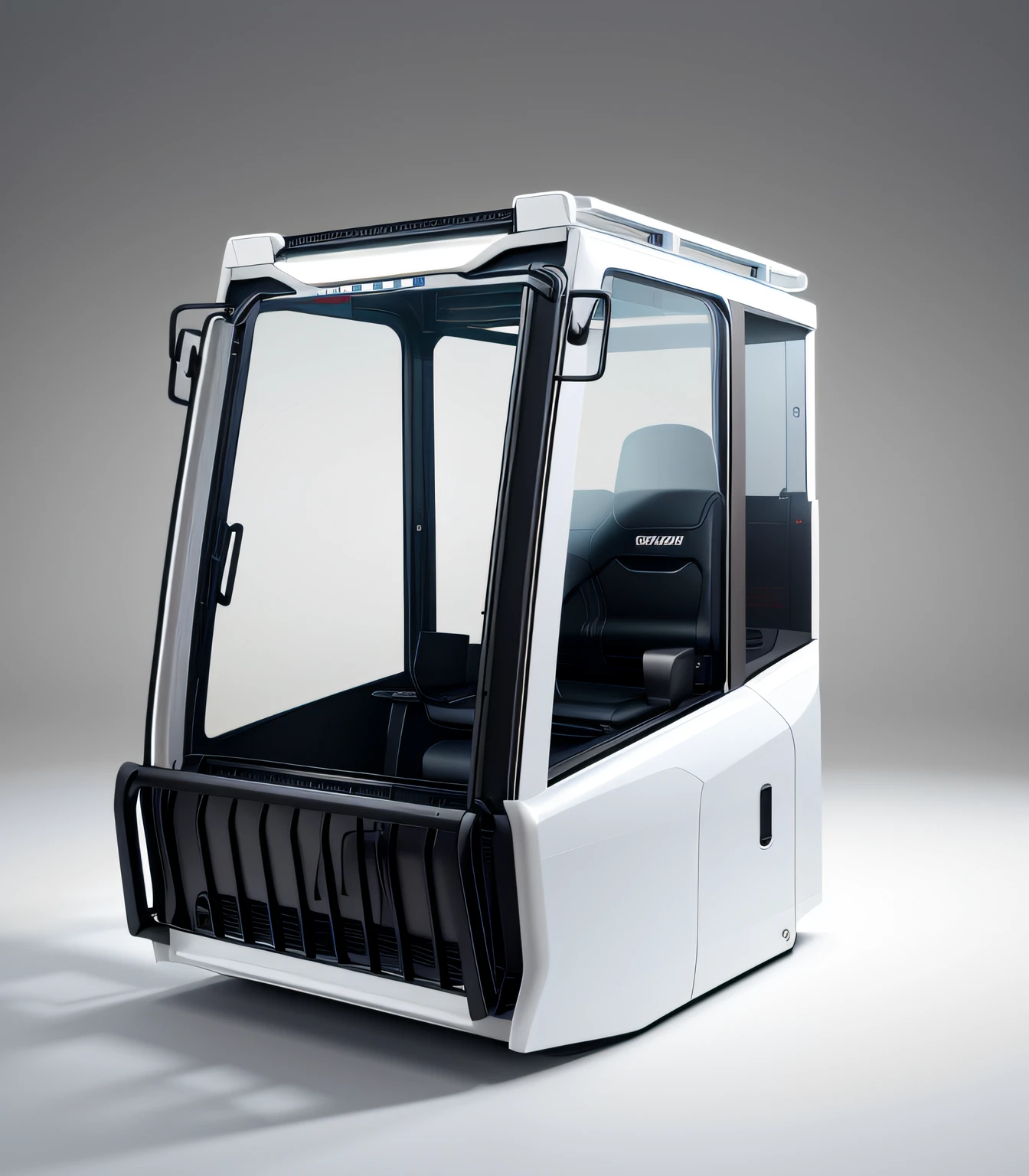 Forklift cab close-up with leather seats, industrial design concept product, behance style, minimalism, realistic rendering, white background, front protective net, black plastic shell with white plastic casing, front facing, high resolution rendering, industrial design concept, 2 0 1 8, front view, 2018, luminous cockpit, high resolution scanning, high resolution scanning