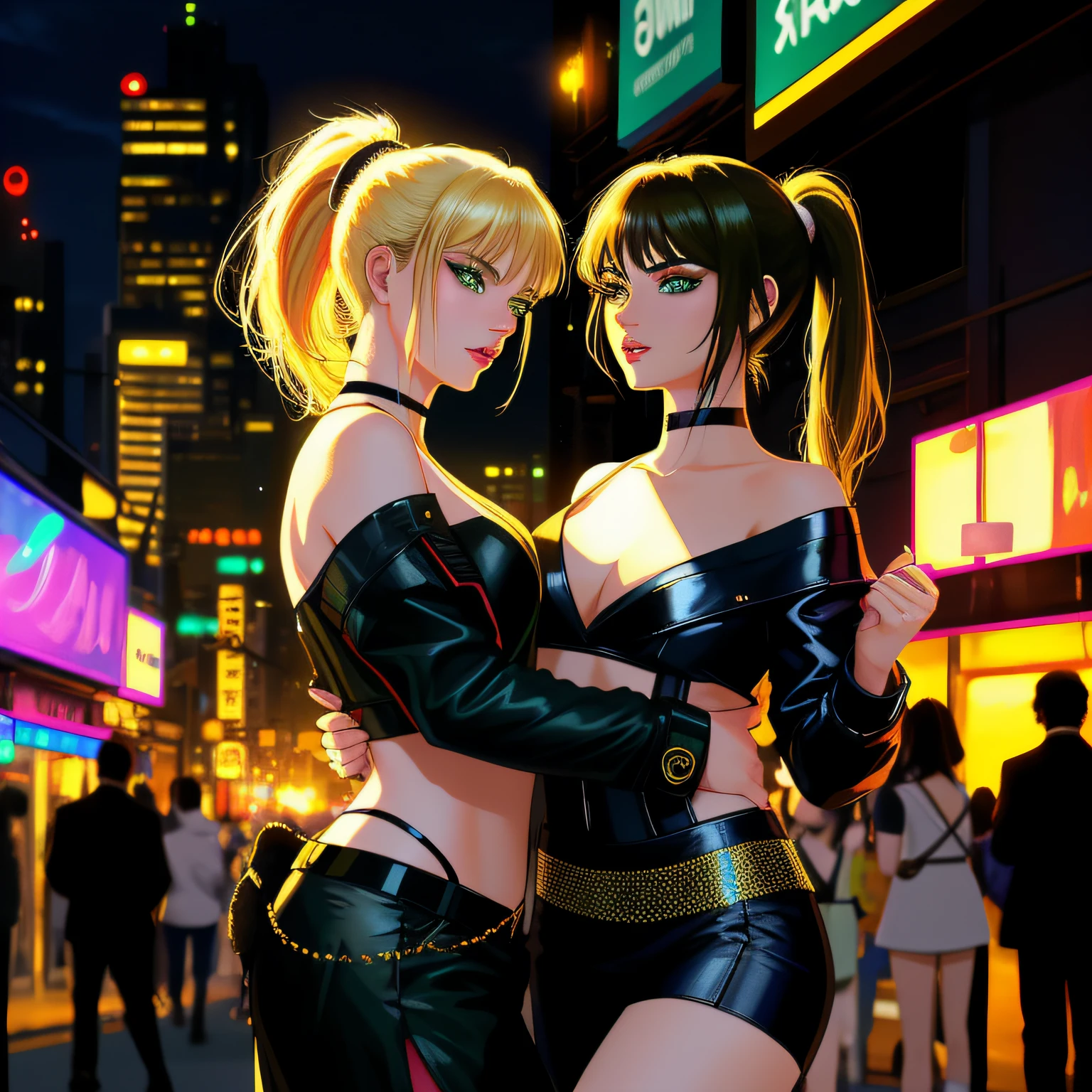 "(masterpiece, best quality, 8k, sharp focus, depth of field, best shadows, perfect lights, HDR, realistic skin texture, ultra-detailed background, detailed)", anime style, 2 women dancing (one of them has green eyes, white skin, black hair with ponytail, choker, small breasts, slim, makeup, eyeliner, glow), (the other woman has blonde hair), at a night club, cyberpunk theme,  Cyberpunk City.