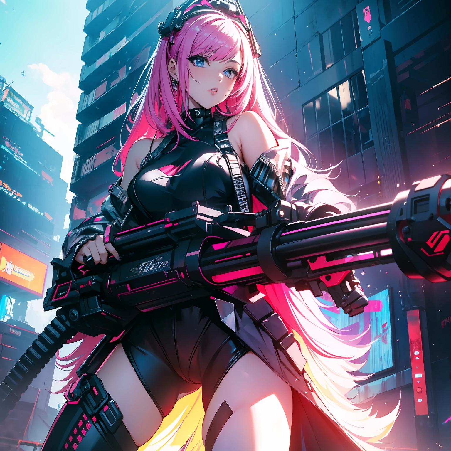 ((Best quality)), ((masterpiece)), (highly detailed:1.3) beautiful hyper waifu in cyberpunk bodysuit firing gatling gun,gun,anime,