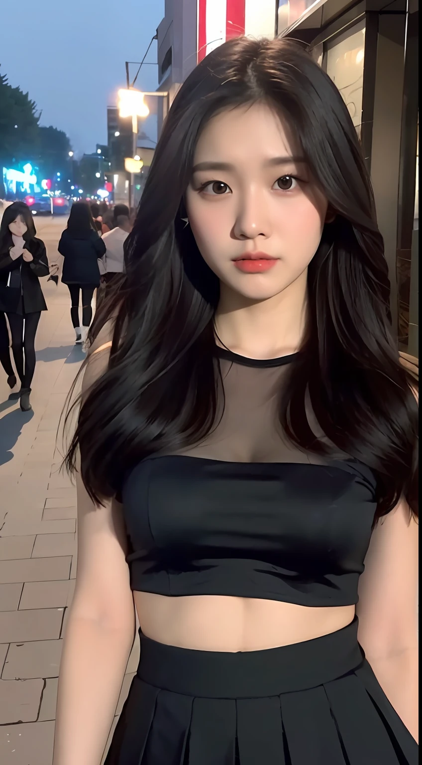 ((Best Quality, 8K, Masterpiece: 1.3)), (Model: 1.3), Focus: 1.2, Perfect Body Beauty: 1.4, Buttocks: 1.2, (Layered Haircut: 1.2)), (Night Street: 1.3), Highly detailed face and skin texture, Full body, Fine eyes, Double eyelids, Whitened skin, Long black hair, (Round face: 1.5), (Skirt: 1.6)