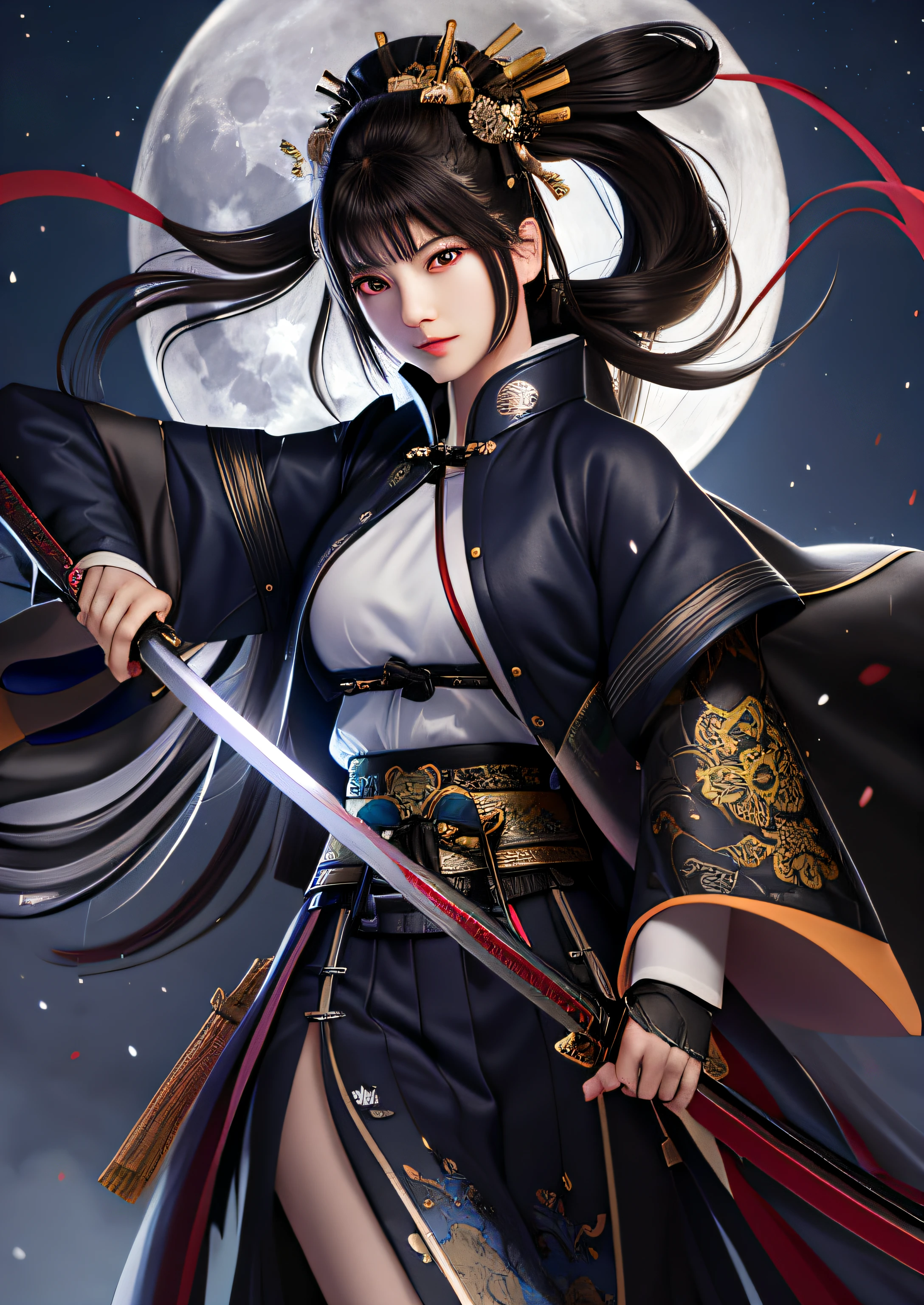 a close up of a person holding a sword in front of a full moon, very beautiful cyberpunk samurai, she is holding a katana sword, inspired by Kanō Hōgai, female samurai, katana, with large sword, demon samurai, from arknights, demon samurai warrior, she is holding a sword, kunoichi, dramatic wielding katana pose, (super huge breast: 1.4)