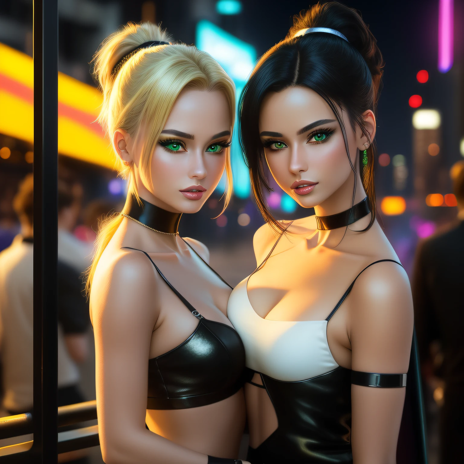 "(masterpiece, best quality, 8k, sharp focus, depth of field, best shadows, perfect lights, HDR, realistic skin texture, ultra-detailed background, detailed)", anime style, 2 women dancing (one of them has green eyes, white skin, black hair with ponytail, choker, small breasts, slim, makeup, eyeliner, glow), (the other woman has blonde hair), at a night club, cyberpunk theme,  Cyberpunk City.