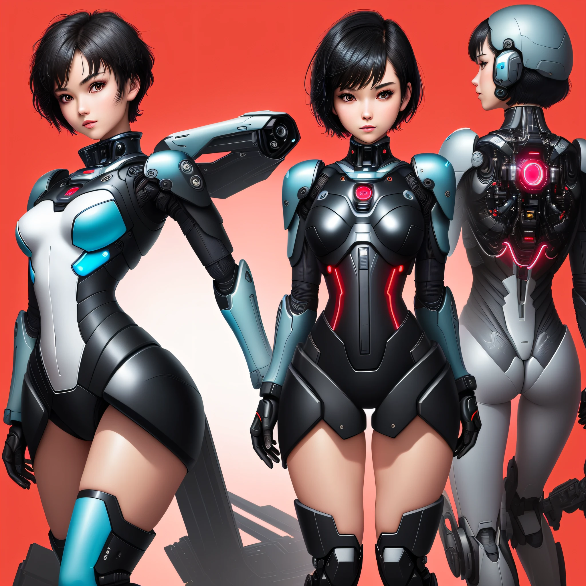 Masterpiece, highest quality, highest resolution, distinct_image): (solo, face is Japan person, girl with short black hair, full body figure, small breasts, sparkling black color eyes, mech suit in white and blue color, tight fit clothes, clothes covering the whole body, beauty, vivacious, lovely, slim body, exoskeleton, official art, beautifully aesthetic, vivacious, knee boots, bright red background, simple background, Very cute cyberpunk, quantum computer)