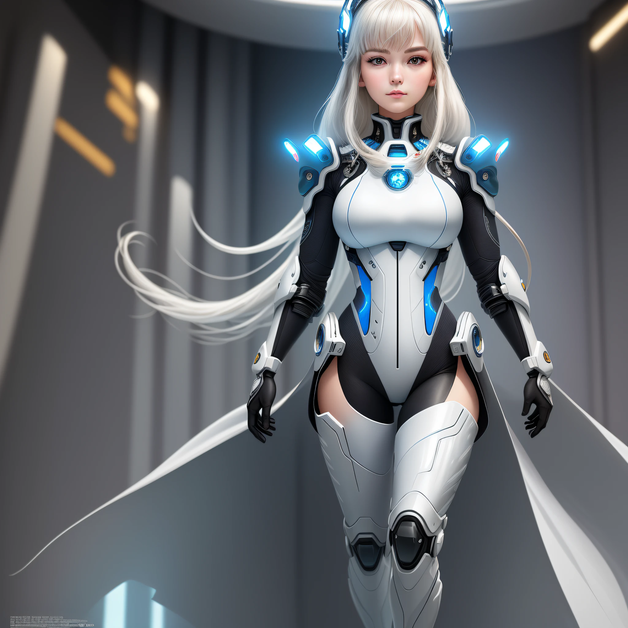 (((Masterpiece))), (((highest quality)))), ((ultra-detailed)), (highly detailed CG illustrations), ((very delicate and beautiful)), (cinematic light), (solo), (full-body), (character focus), (absurdity), (high contrast), (extreme detail), (colorful), (highest detail), (science fiction), (nanosuit), (hyponytail), Flight suit, white and blue color (knee boots), (inside the spaceship), tight fit clothes, full body covering clothes, beauty, vivacious, lovely, slim body, exoskeleton