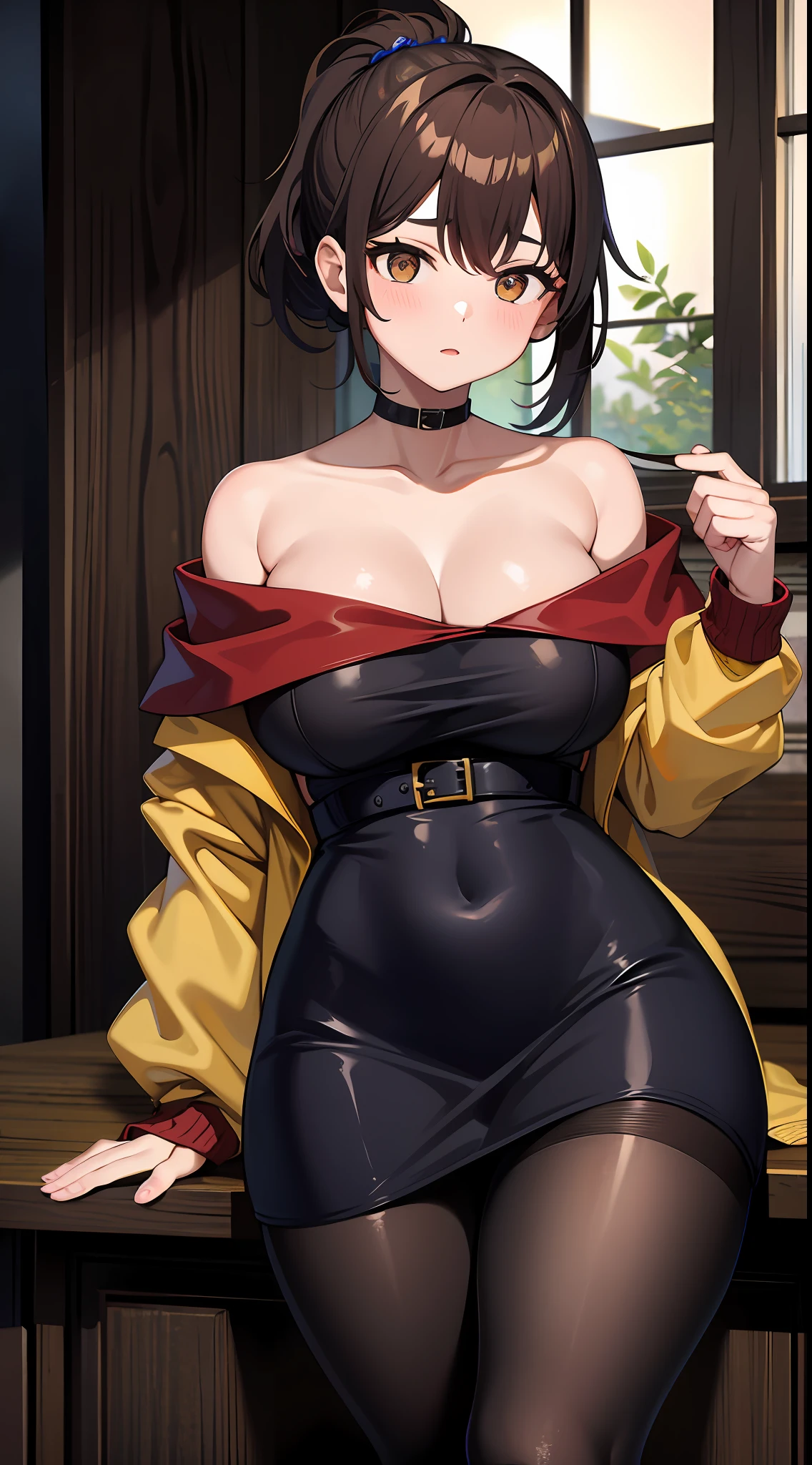 1girl, masterpiece, best quality, medium full shot, brown ponytail, busty, (off shoulder jacket), pantyhose, thick thighs