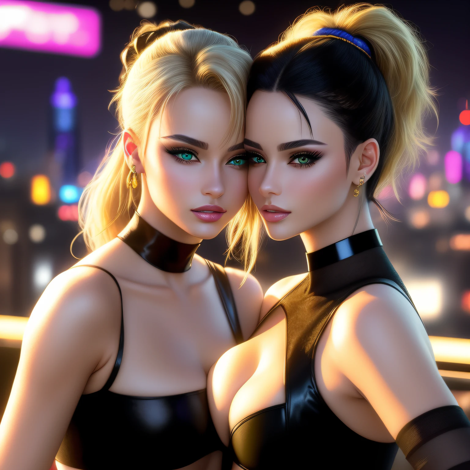 "(masterpiece, best quality, 8k, sharp focus, depth of field, best shadows, perfect lights, HDR, realistic skin texture, ultra-detailed background, detailed)", anime style, 2 women kissing (one of them has green eyes, white skin, black hair with ponytail, choker, small breasts, slim, makeup, eyeliner, glitter), (the other woman has blonde hair), at a night club, cyberpunk theme, Cyberpunk City.