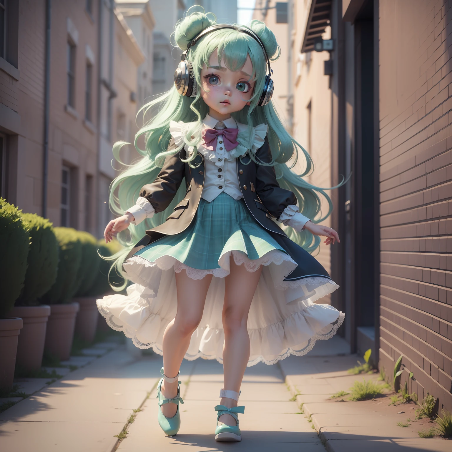Cute little girl with big watery eyes, full body, delicate shoes, delicate hair, long curly hair,song suit, pompadour skirt, beautiful vest, lace shirt, Bubble sleeves, sequin, bow, plaid, green hair, Headphones, Long Hair, popmart blind box, clay texture, clean background, natural light, best quality, ultra detail, 3d art, c4d, blender, oc renderer, 3d render, 8k