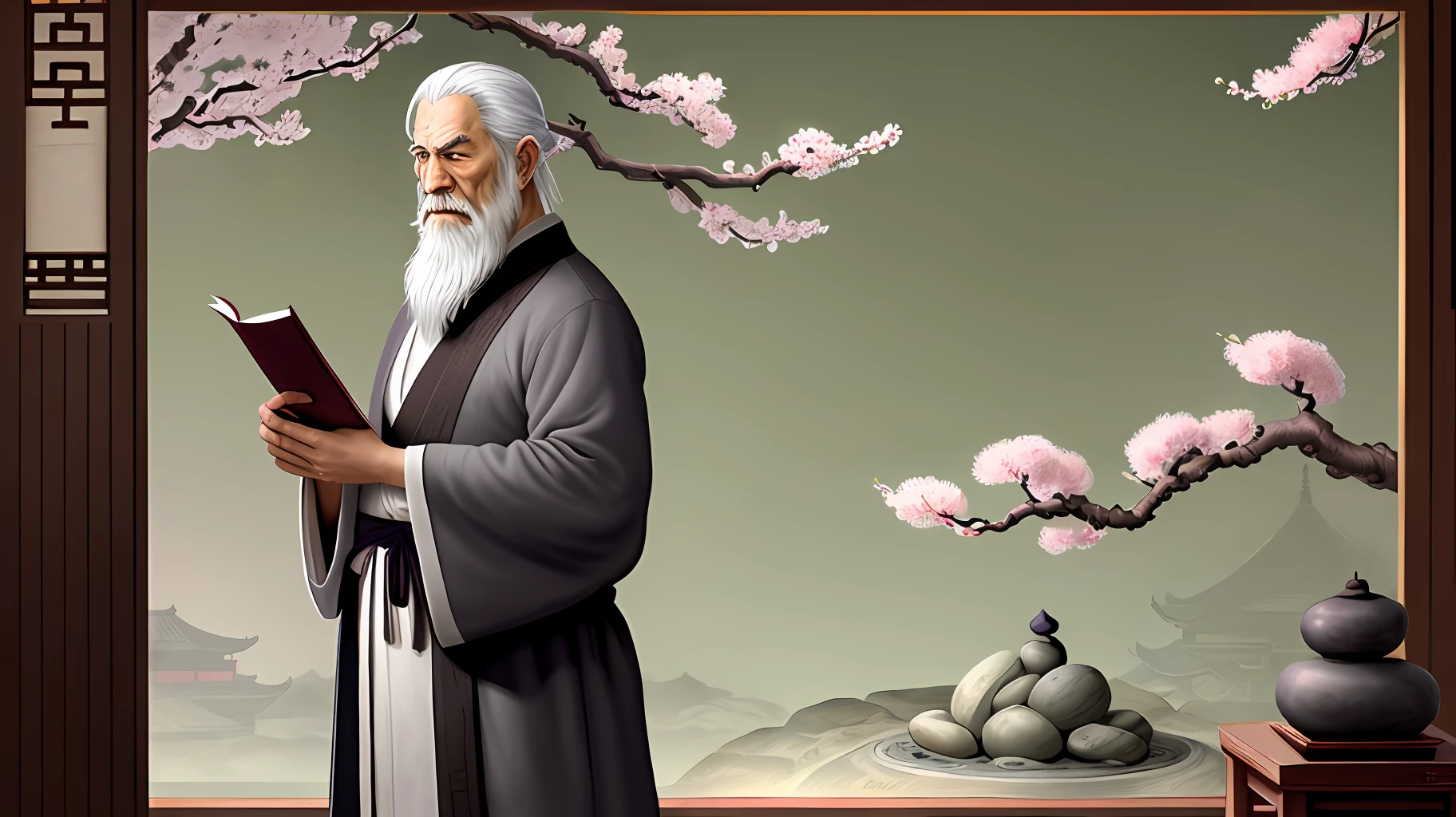 Holding a scroll, ancient illustrations, ink drops, master illustrations, a Chinese master, long gray beard, robes, literary guru, standing behind the podium to lecture, (Zen garden, plum blossoms, nature), chinoiserie