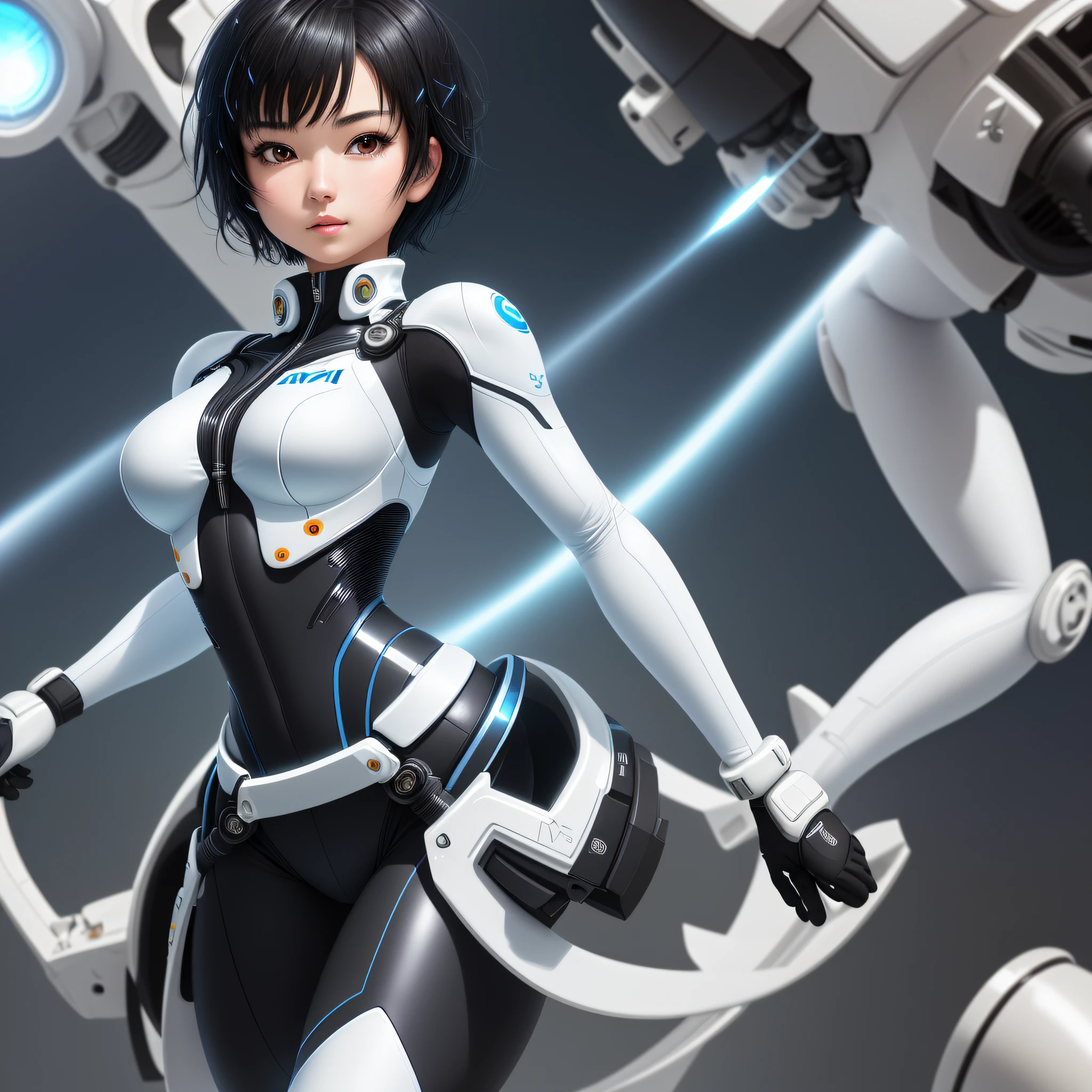 Elaborate CG Unity 8K wallpaper, masterpiece, highest quality, highest resolution, distinct_image): (Solo, Japan face, girl with short black hair, full figure, small breasts, sparkling black eyes, flight suit in white and blue colors, tight fit clothes, full-body clothing, beauty, vivacious, lovely, slender, exoskeleton)