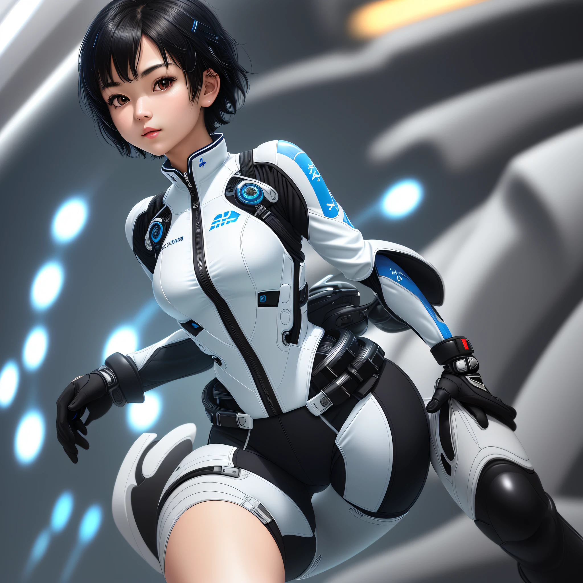 Elaborate CG Unity 8K wallpaper, masterpiece, highest quality, highest resolution, distinct_image): (Solo, Japan face, girl with short black hair, full figure, small breasts, sparkling black eyes, flight suit in white and blue colors, tight fit clothes, full-body clothing, beauty, vivacious, lovely, slender, exoskeleton)