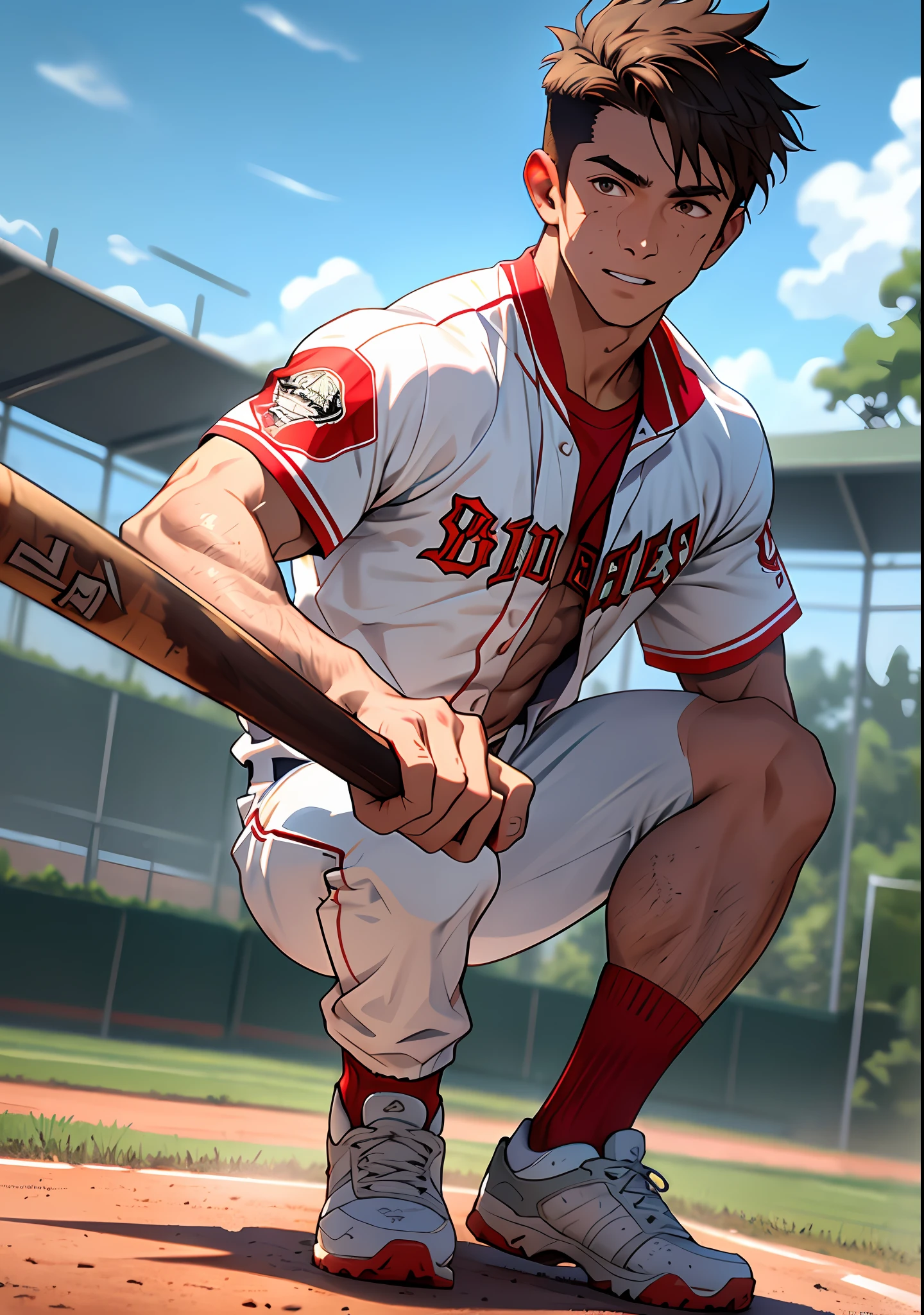 (Masterpiece, Best Quality), 1 person, muscular, short hair, brown eyes, intricate, baseball field, full body, white baseball uniform, open red jacket, bright colors, (depth of field: 1.4), (abs), holding a baseball bat, dynamic pose, dappled sun, calf muscles, sweat, dirty socks!!, masculinity, erection, big feet