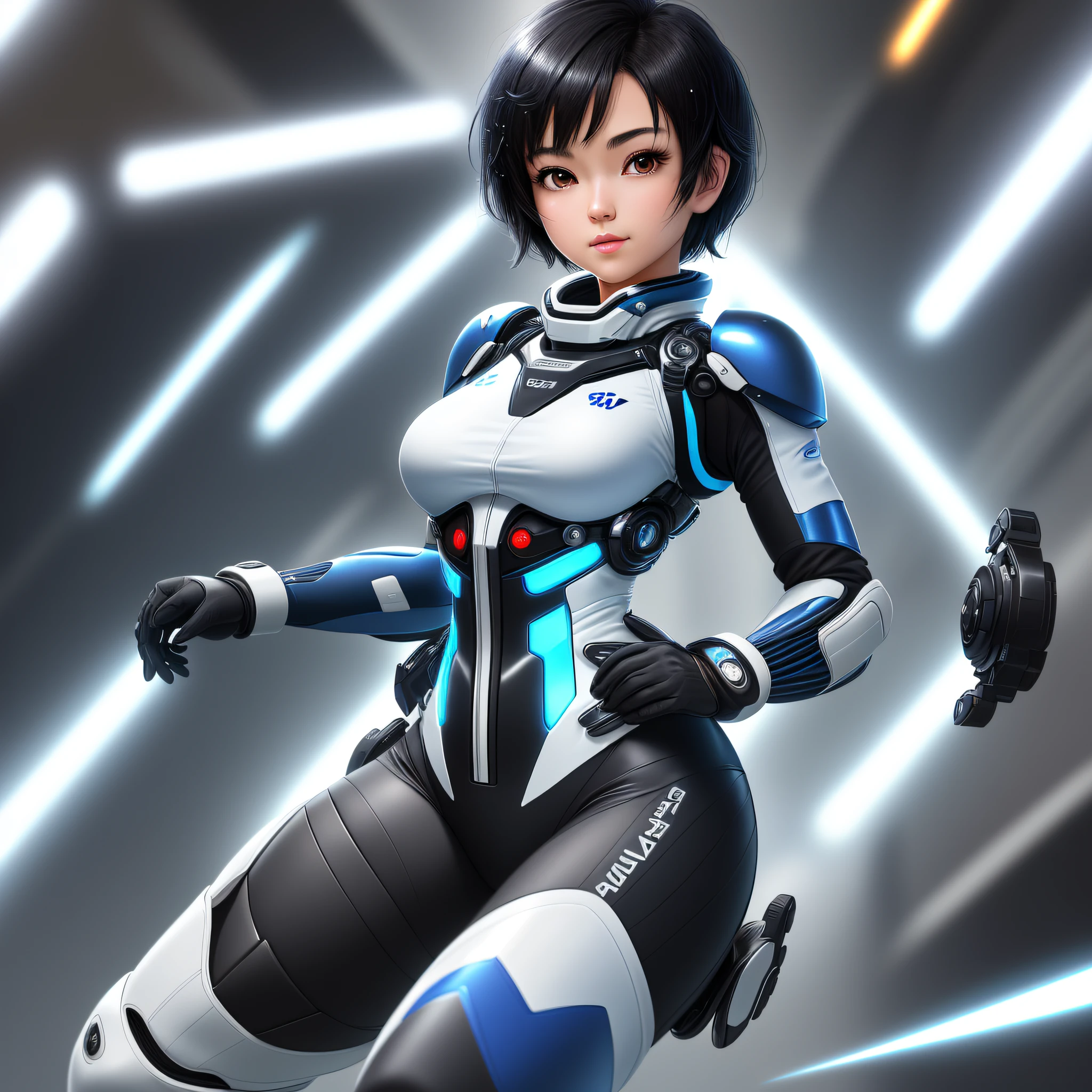 Elaborate CG Unity 8K wallpaper, masterpiece, highest quality, highest resolution, distinct_image): (Solo, Japan face, girl with short black hair, full figure, small breasts, sparkling black eyes, flight suit in white and blue color, tight fit clothes, full body covering clothes, beauty, vivacious, lovely, slim body, exoskeleton)