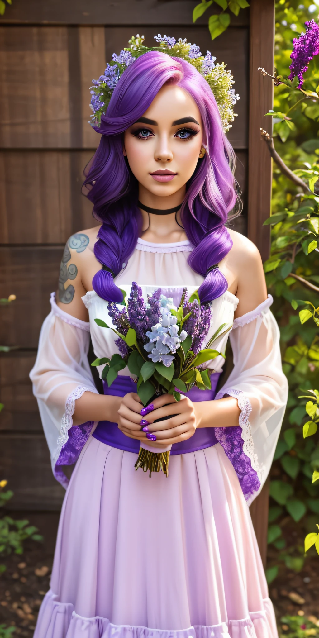 Beautiful girl model with dyed hair and perfect makeup and hairstyle standing next to lilac bush and holding purple flowers