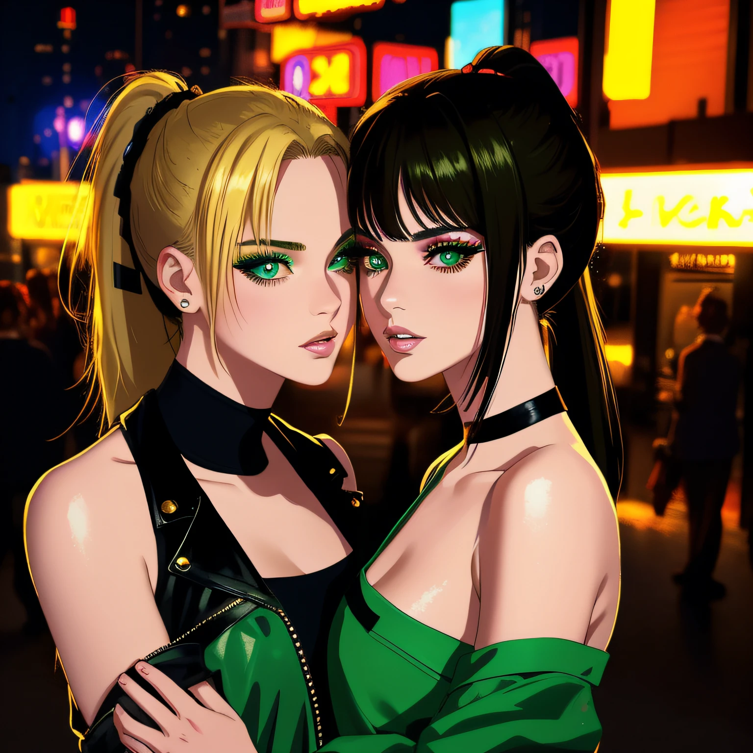 "(masterpiece, best quality, 8k, sharp focus, depth of field, best shadows, perfect lights, HDR, realistic skin texture, ultra-detailed background, detailed)", anime style, 2 women kissing (one of them has green eyes, white skin, black hair with ponytail, choker, small breasts, slim, makeup, eyeliner, glitter), (the other woman has blonde hair), at a night club, cyberpunk theme,  Cyberpunk City.