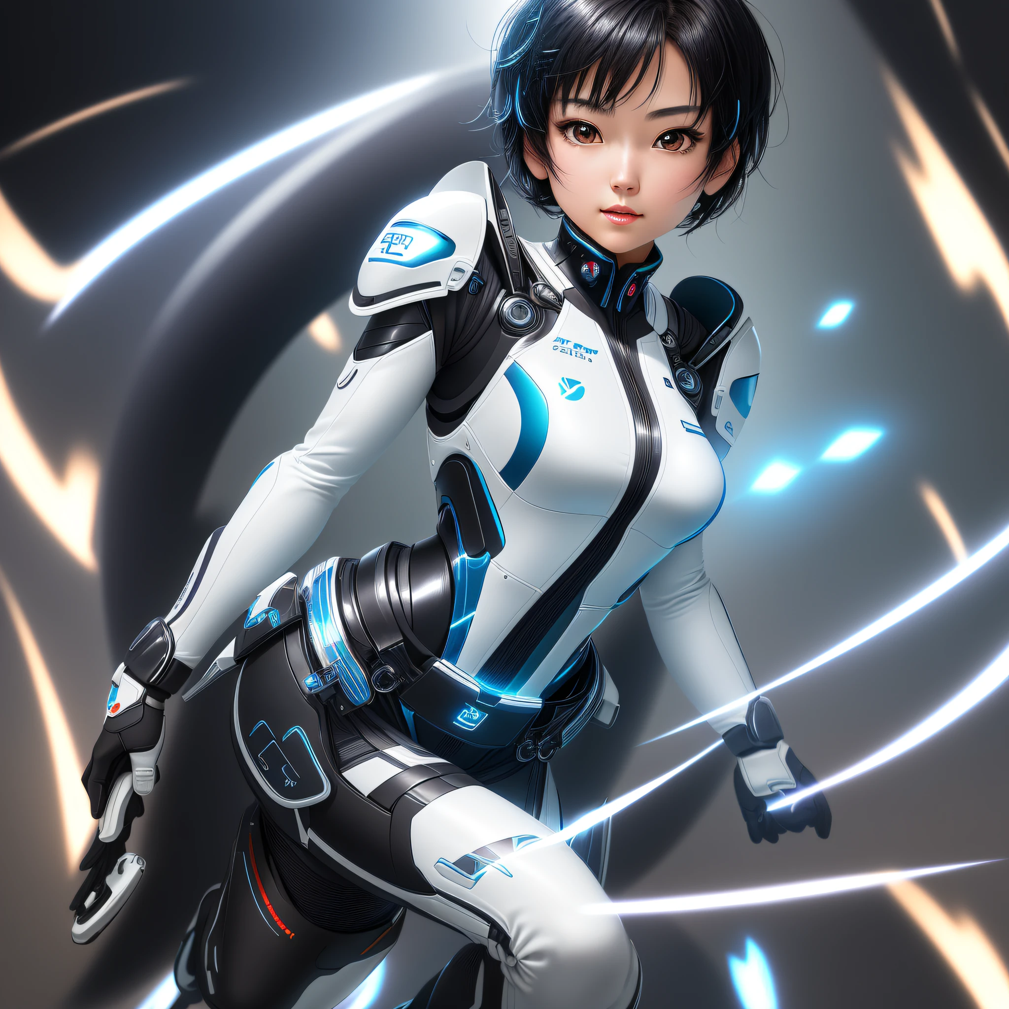 Elaborate CG Unity 8K wallpapers, masterpiece, highest quality, highest resolution, distinct_image): (Dynamic Angle, Solo, Japan Face, Short Black Hair Girl, Full Body, Small Breasts, Sparkly Black Eyes, White and Blue Colored Flight Suit, Tight Fit Clothes, Full Body Covering Clothes, Beauty, Cheerful, Lovely, Slim Body, Exoskeleton)