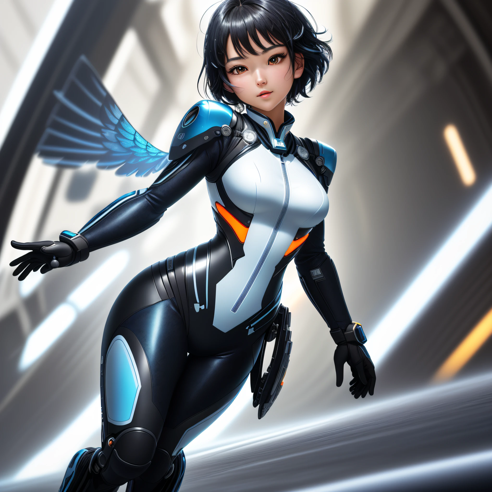 Elaborate CG Unity 8K wallpapers, masterpiece, highest quality, highest resolution, distinct_image): (Dynamic Angle, Solo, Japan Face, Short Black Hair Girl, Full Body, Small Breasts, Sparkly Black Eyes, White and Blue Colored Flight Suit, Tight Fit Clothes, Full Body Covering Clothes, Beauty, Cheerful, Lovely, Slim Body, Exoskeleton)