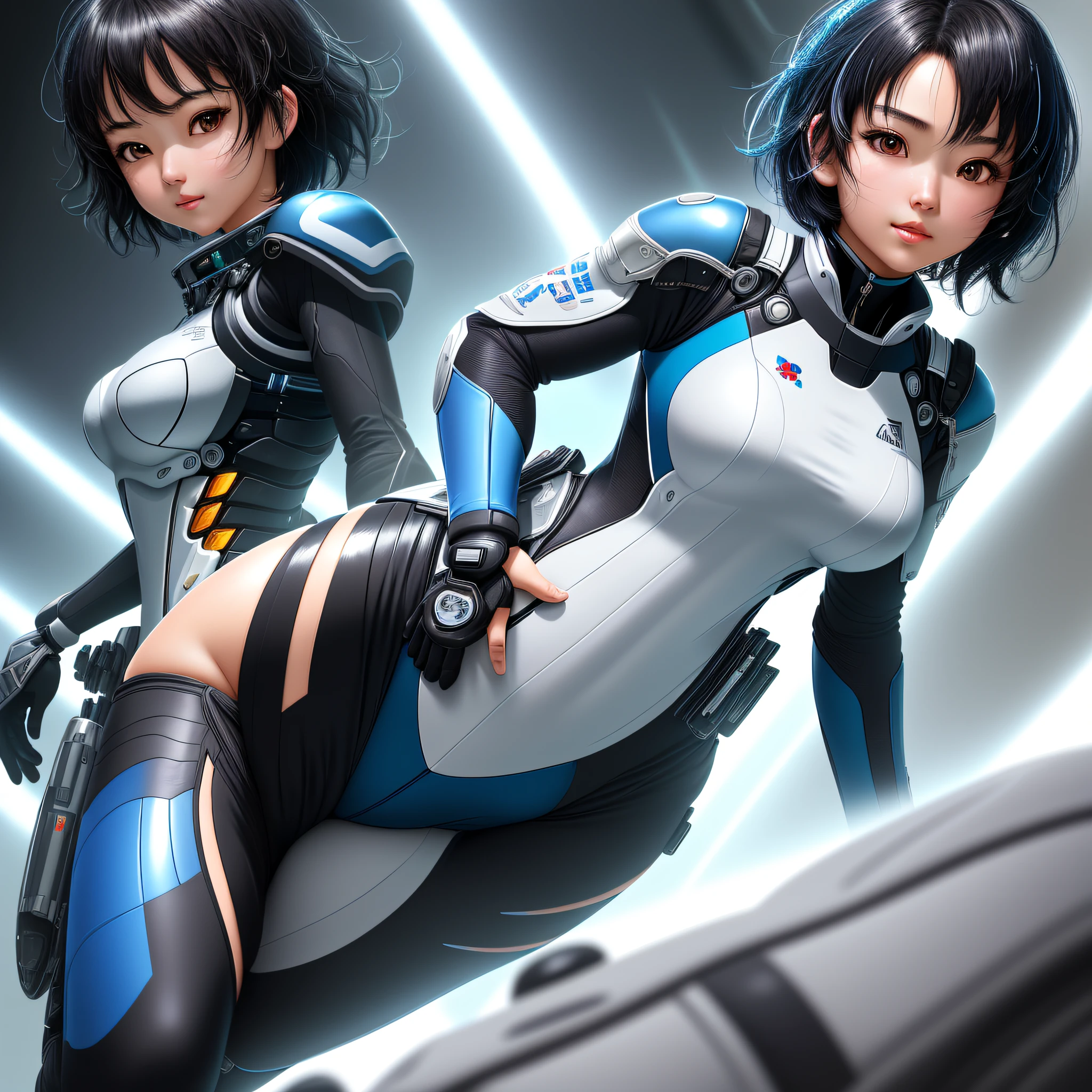 Elaborate CG Unity 8K wallpapers, masterpiece, highest quality, highest resolution, distinct_image): (Dynamic Angle, Solo, Japan Face, Short Black Hair Girl, Full Body, Small Breasts, Sparkly Black Eyes, White and Blue Colored Flight Suit, Tight Fit Clothes, Full Body Covering Clothes, Beauty, Cheerful, Lovely, Slim Body, Exoskeleton)