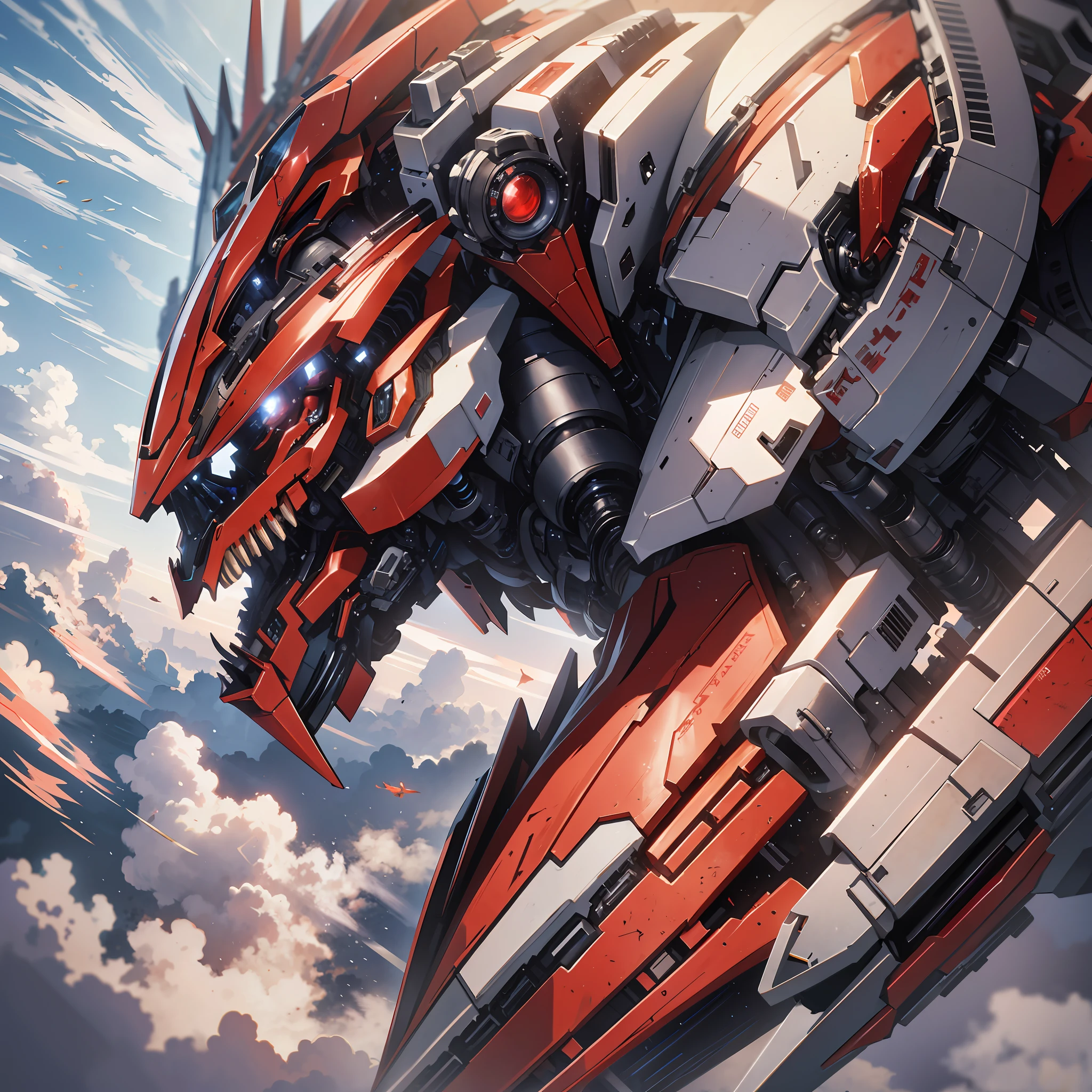 Absurd resolution, high resolution, (masterpiece: 1.4), hyper-detail, a mech, red armor with red wings, floating flight in the sky (1.8) The background is earth, fire