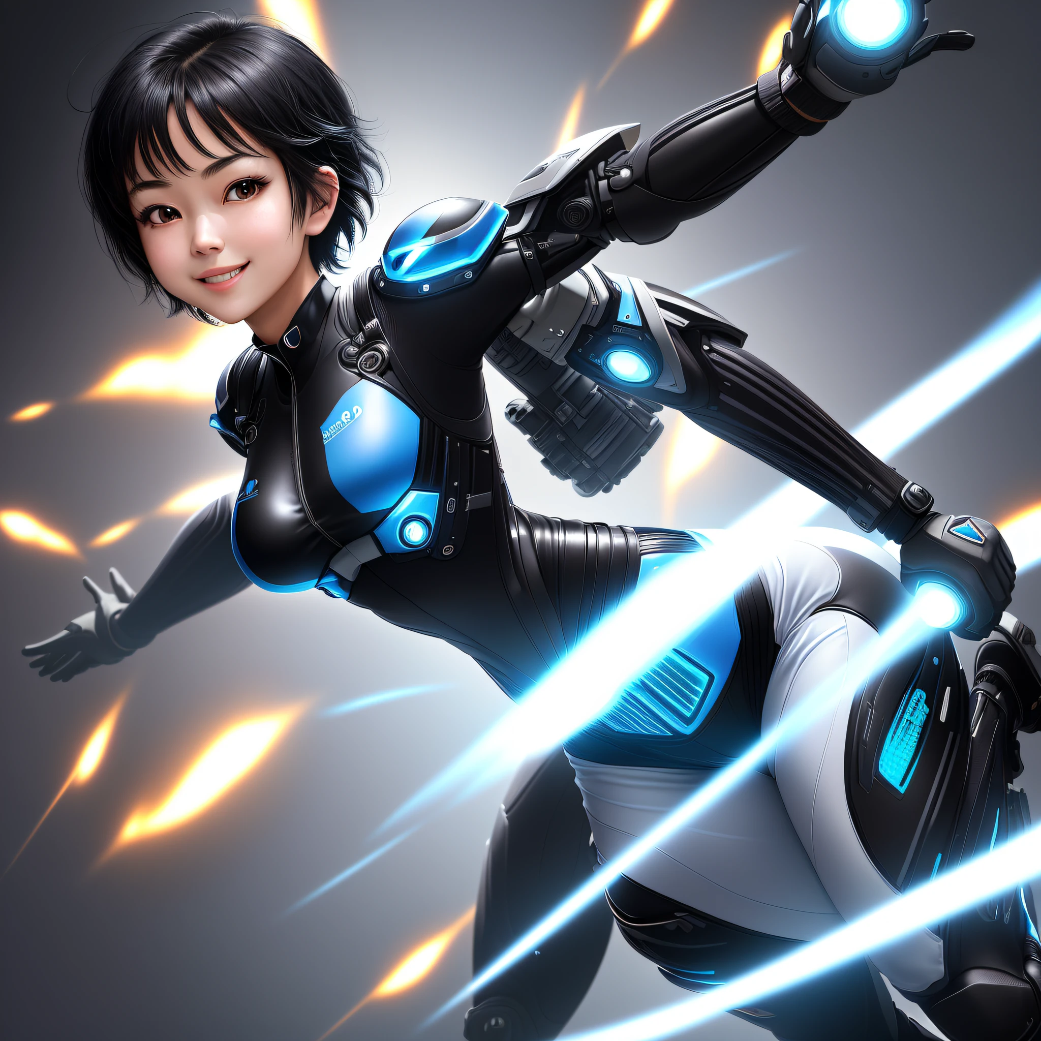 Elaborate CG Unity 8K wallpapers, masterpiece, highest quality, highest resolution, distinct_image): (Dynamic angle, solo, Japan face, girl with short black hair, full body, small breasts, sparkling black eyes, flight suit in white and blue color, tight fit clothes, clothes covering full body, beauty, slim body, exoskeleton, smile)