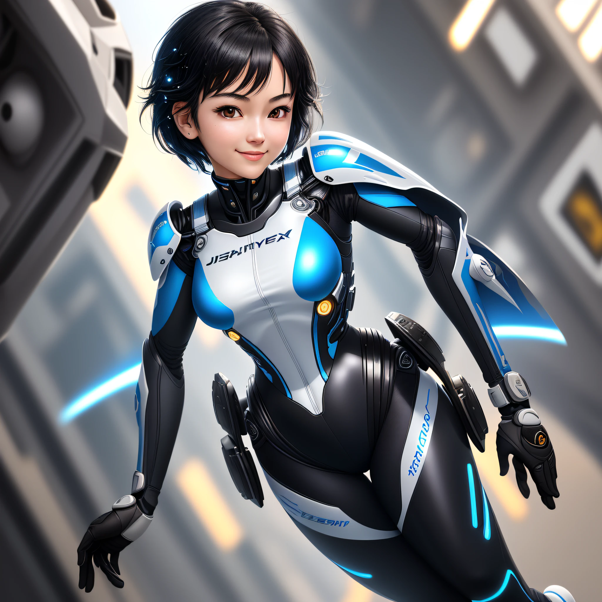 Elaborate CG Unity 8K wallpapers, masterpiece, highest quality, highest resolution, distinct_image): (Dynamic angle, solo, Japan face, girl with short black hair, full body, small breasts, sparkling black eyes, flight suit in white and blue color, tight fit clothes, clothes covering full body, beauty, slim body, exoskeleton, smile)