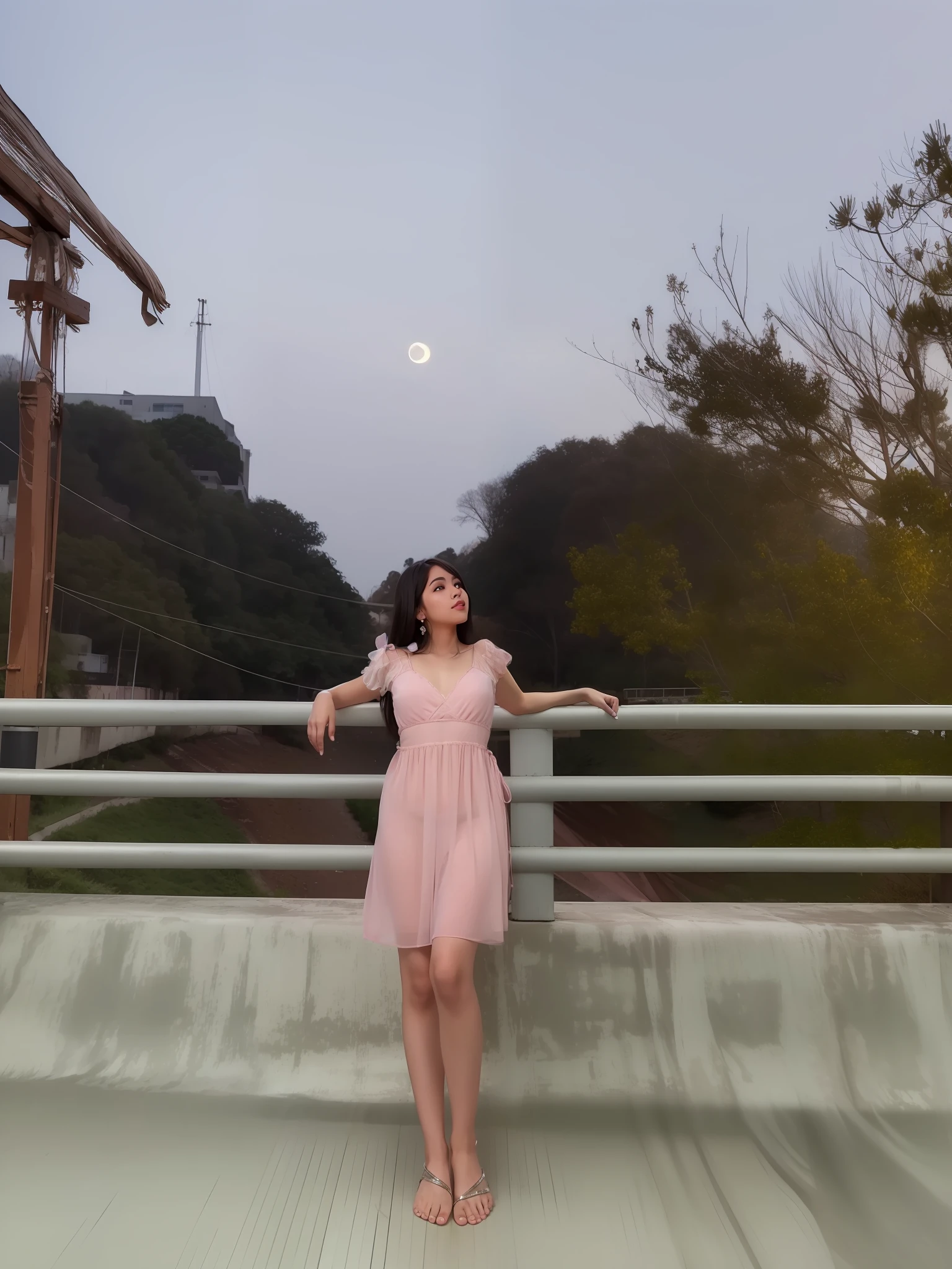 1girl, in middle of bridge, in evening, moon light, barefoot, wearing pink short gown, curtain grab, curtains, covered navel, covered, black hair, sheet grab, standing, smile, solo, tail, lily_\(flower\), looking a viewer, (flat chest:1.2), see-through, solo, beautiful and delicate detailed girl, illustration, unity 8k wallpaper, masterpiece, best quality, (upper body:1.6),