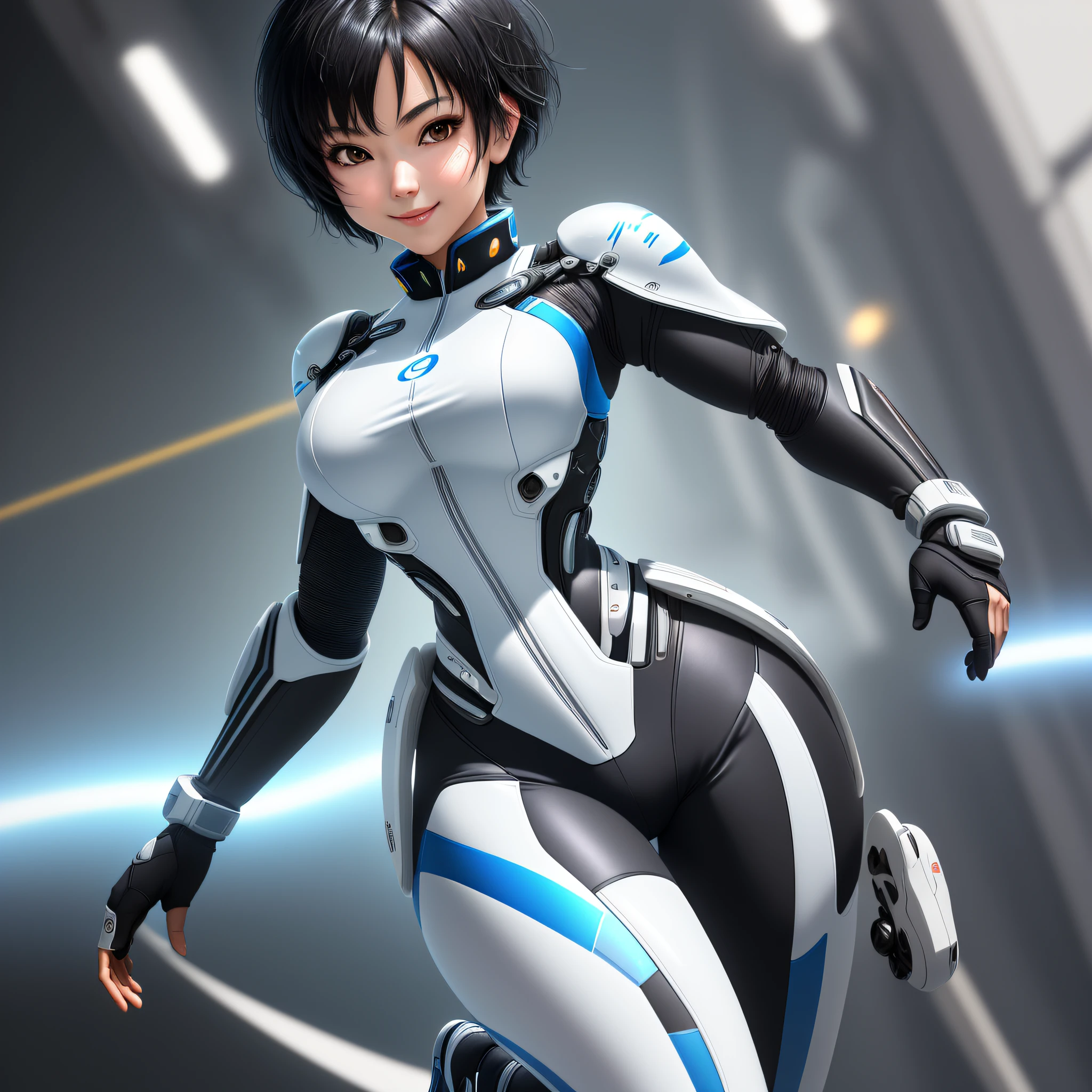 Elaborate CG Unity 8K wallpapers, masterpiece, highest quality, highest resolution, distinct_image): (Dynamic angle, solo, Japan face, girl with short black hair, full body, small breasts, sparkling black eyes, flight suit in white and blue color, tight fit clothes, clothes covering full body, beauty, slim body, exoskeleton, smile)