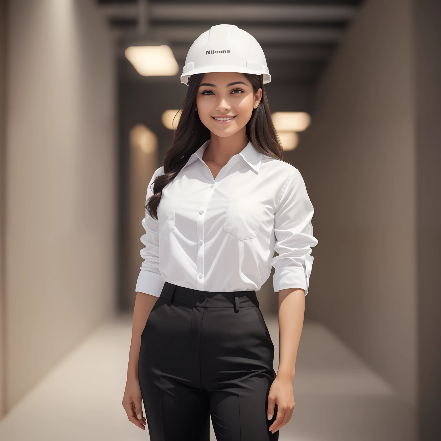 A smiling youth, wearing a black suit shirt, standing in a neat office, wearing a hard hat, holding hands, standing elegantly, white skin, full of confidence, beauty, 4 teeth, 30 years old, happy, full body portrait, 4k, high resolution, masterpiece, best quality, clear focus, (cinema lighting), shirt, [:( facial details: 1.2:0.2], ultra high resolution, (realistic: 1.4),, high resolution, detailed, original photo, sharp, by lee jeffries Nikon D850 Film Stock Photo 4 Kodak Portra 400 Camera F1.6 Lens rich colors, ultra-realistic, lifelike textures, dramatic lighting --auto --s2