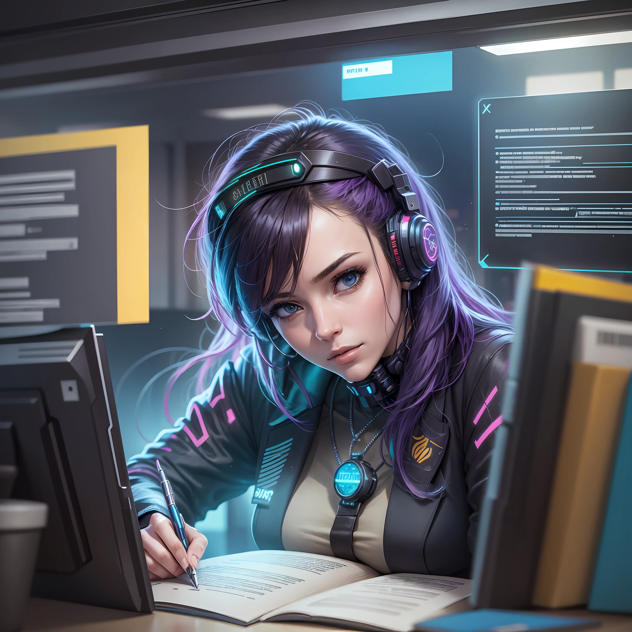a photo realistic cyberpunk office worker in a cubicle in the middle of a crowded megapolis crossroad writing on a book with an ephemeral artificial intelligence helping -