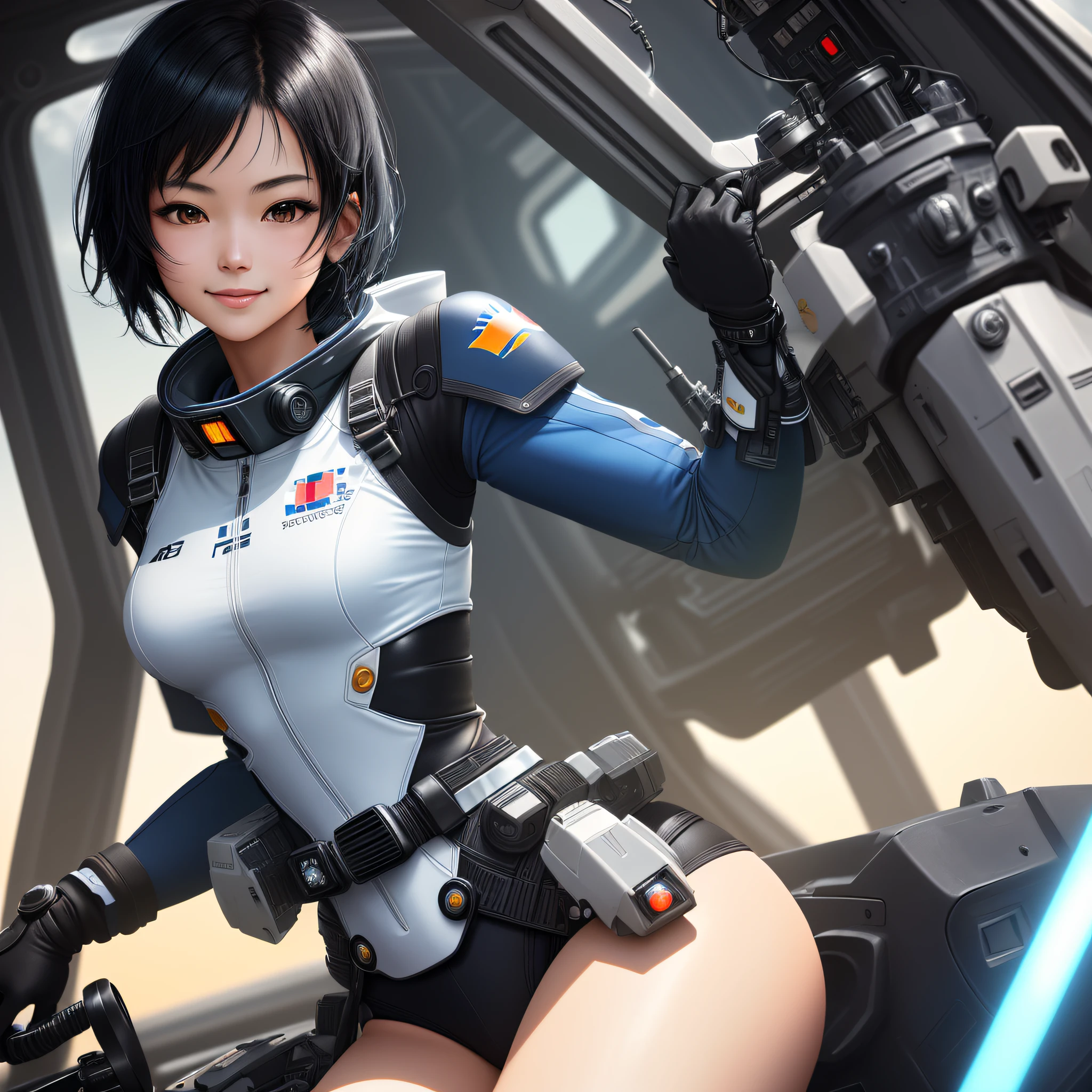 Elaborate CG Unity 8K wallpapers, masterpiece, highest quality, highest resolution, distinct_image): (Dynamic Angle, Solo, Japan Face, Short Black Haired Girl, Full Body, Small Breasts, Sparkly Black Eyes, White and Blue Color Flight Suit, Tight Fit Clothes, Full Body Covering Clothes, Beauty, Slim Body, Exoskeleton, Gundam, Metal Gear, Smile, Cockpit)