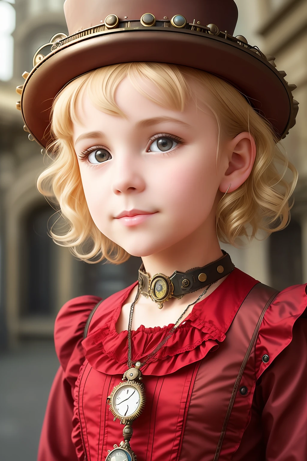 close-up, short blonde hair curly child girl the little red hat, clock on necklace, (Victorian era), ((steampunk)), cinematography, worked, elegant, meticulous, magnificent, maximum detail, extremely hyper-aesthetic, intricately detailed, lots of gears, old town background